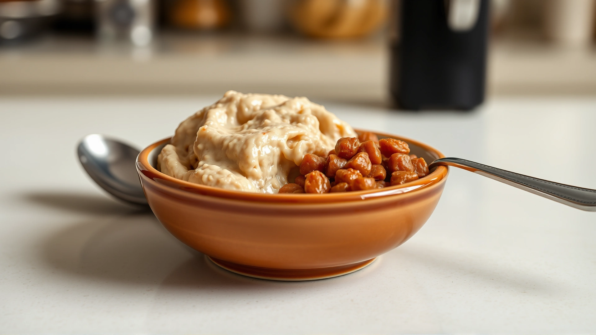 Small ceramic bowl of soft, pate-style cat food with a spoon beside it on a kitchen counter.