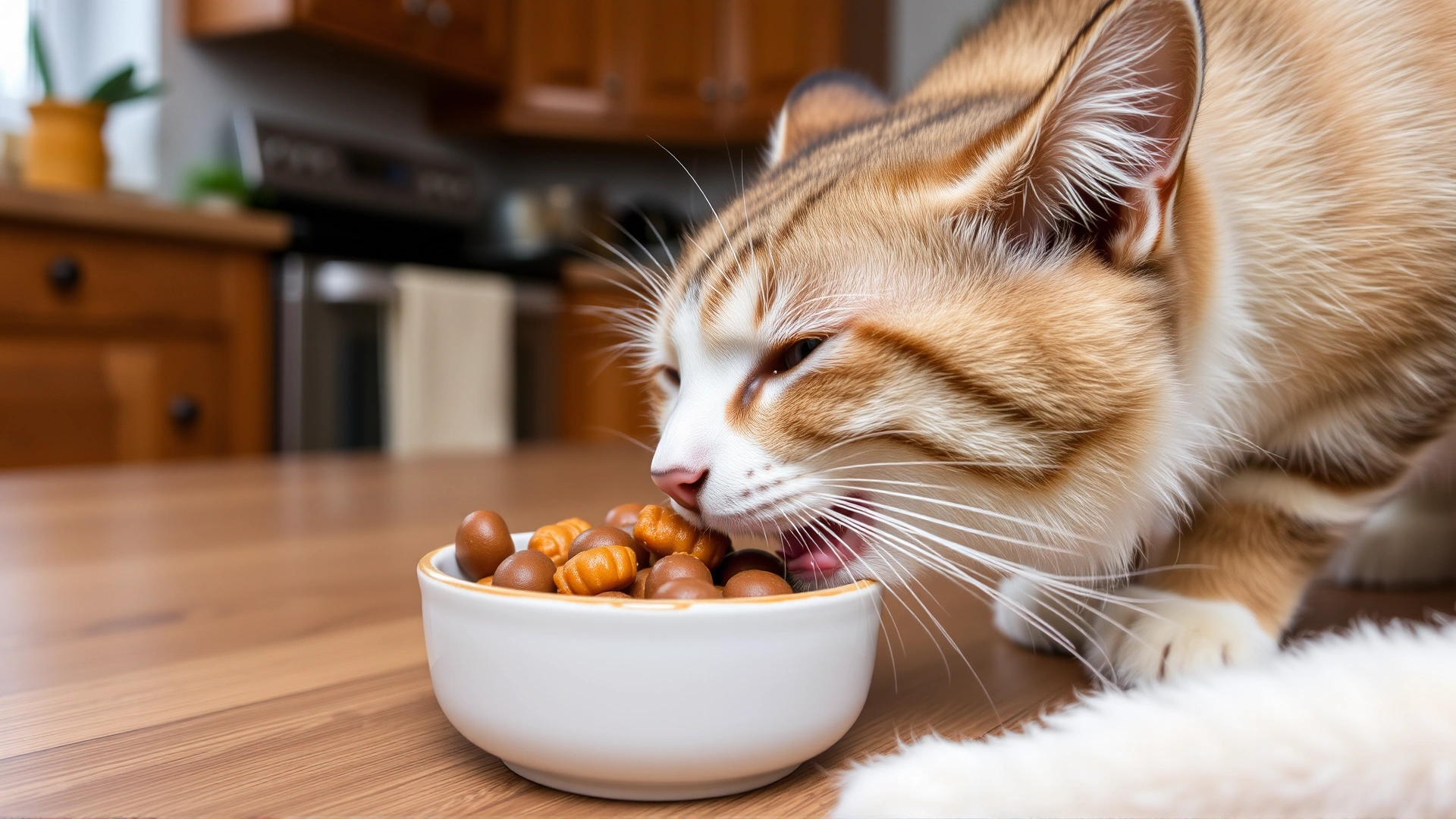 Close-up of a cat eating soft wet food from a shallow ceramic bowl in a cozy home kitchen setting.
