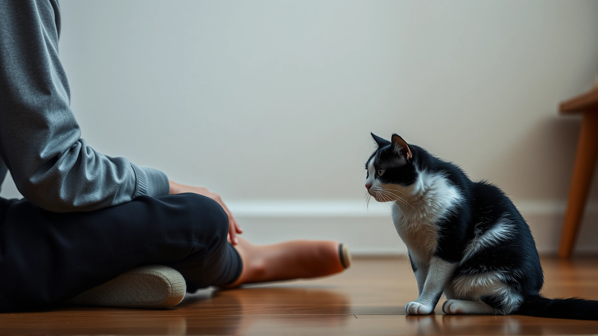 A person sitting on the floor talking softly to a black-and-white cat that is making eye contact, both in focus