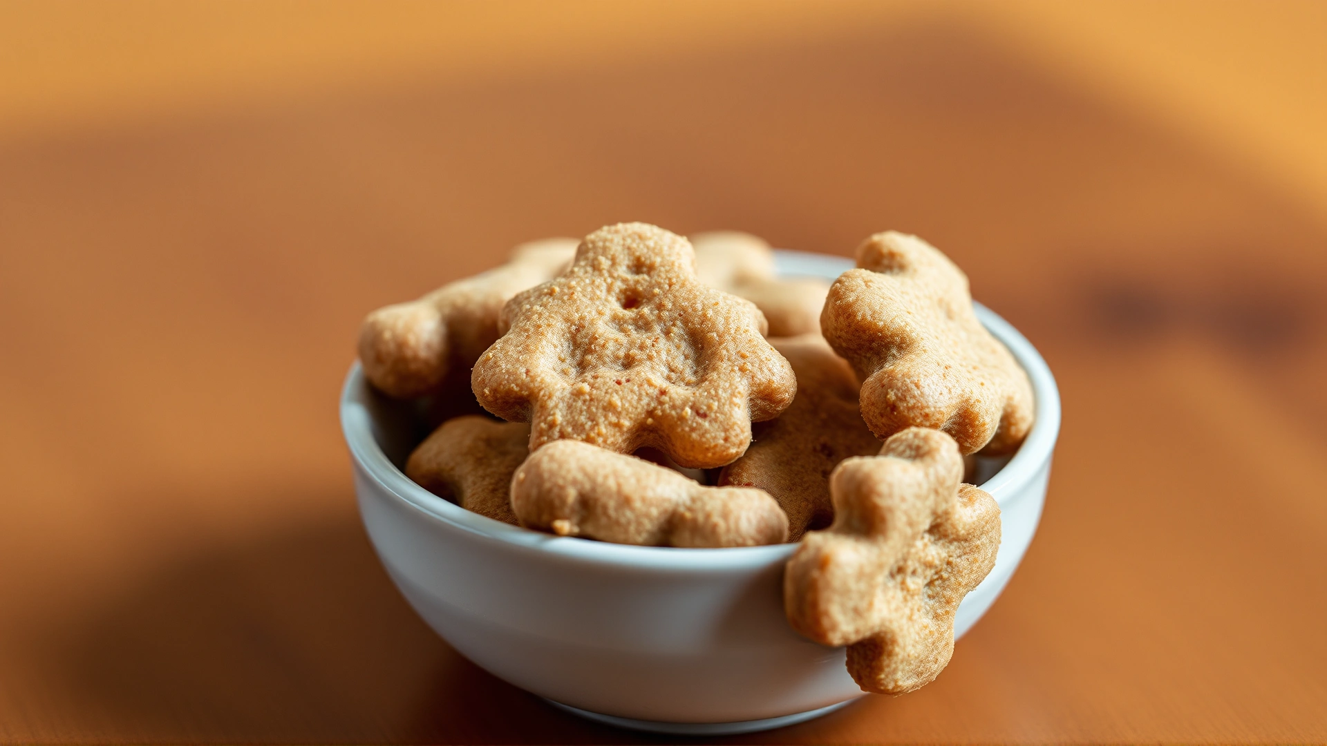 Macro shot of moist, soft cat treats arranged in a small ceramic bowl on a wooden table.