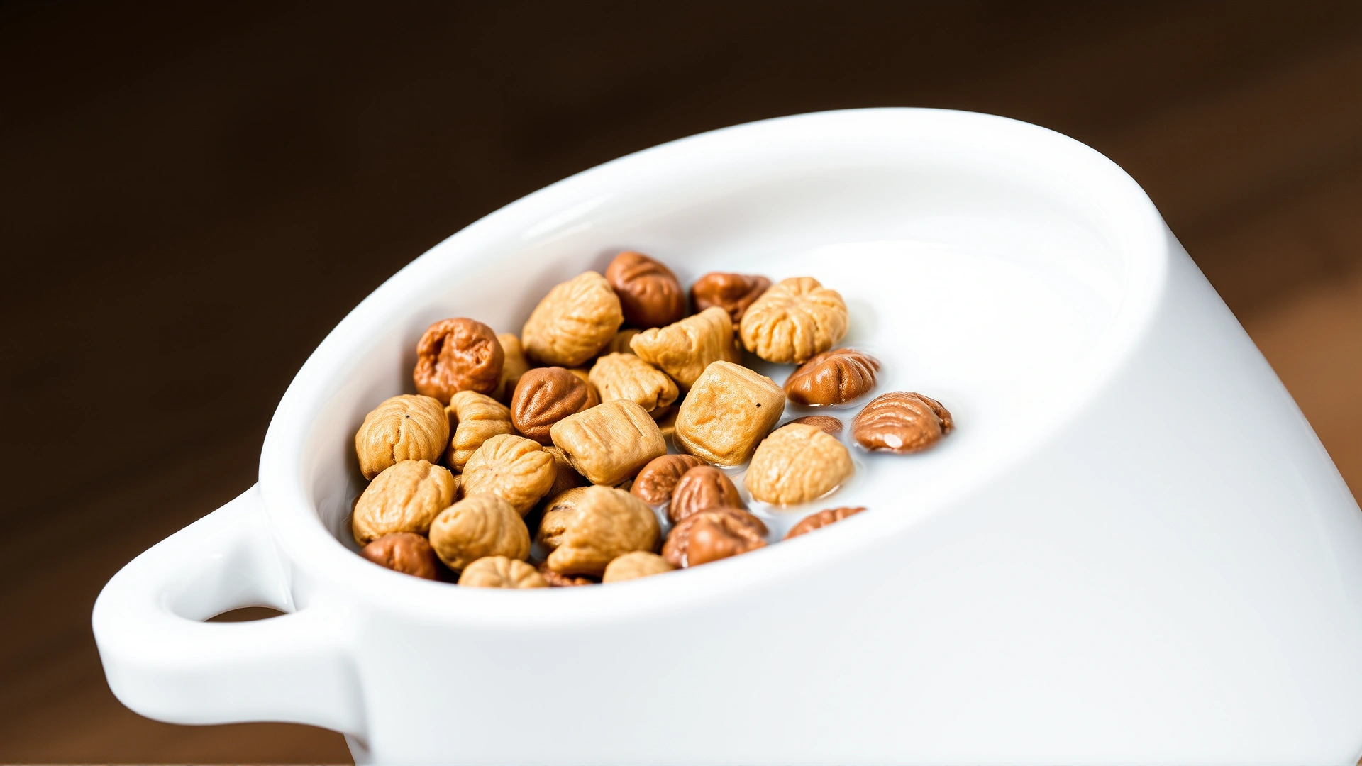 Close-up of a white ceramic bowl filled with moistened puppy kibble and a small splash of puppy milk replacer, photographed on wooden surface, studio lighting