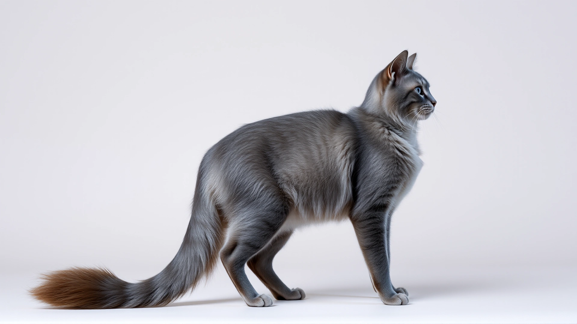 Studio portrait of a blue Somali cat standing in profile on a neutral background, emphasizing its fine bone structure and plume tail