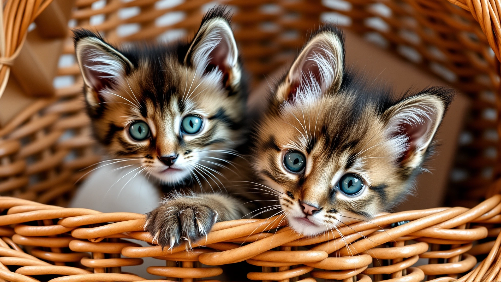 Adorable Somali kitten with oversized ears sitting inside a woven basket, looking directly at the camera with bright green eyes