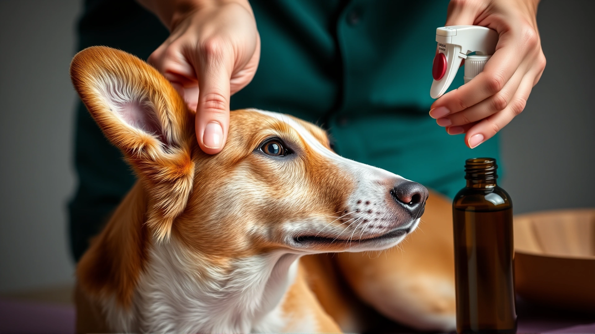 Hands gently massaging a dog's ears with a calming essential oil spray bottle nearby