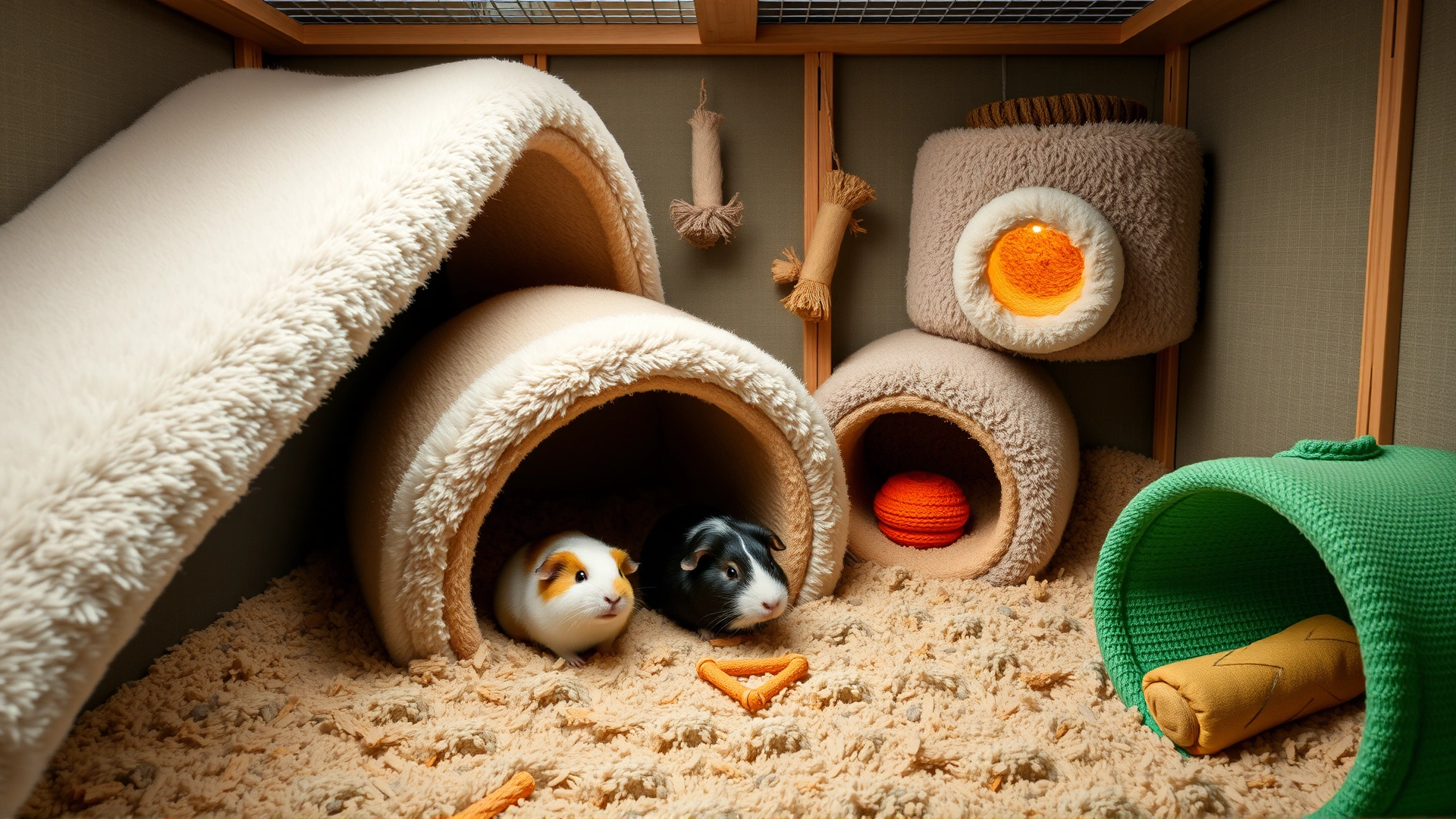 Wide shot of a large indoor guinea pig habitat featuring fleece bedding, tunnels, and chew toys