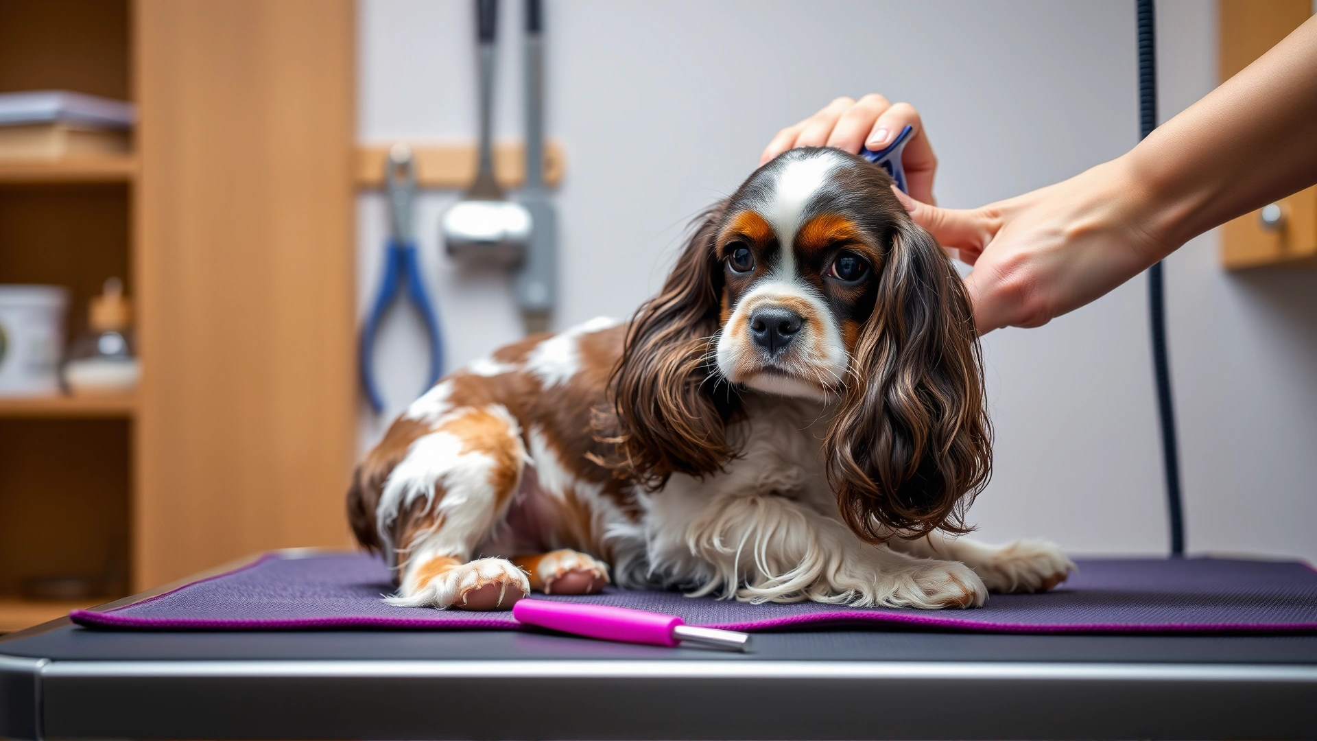 English Toy Spaniel being gently brushed on a grooming table with grooming tools visible in the background