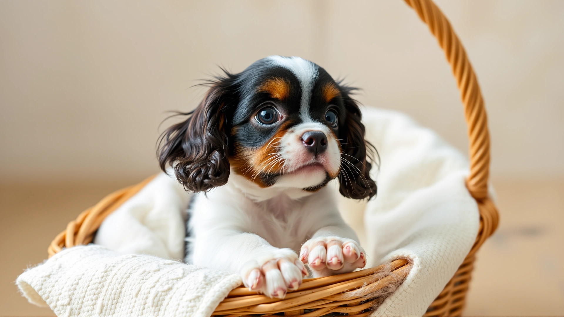 Adorable English Toy Spaniel puppy sitting in a wicker basket with a light blanket, looking up with big expressive eyes