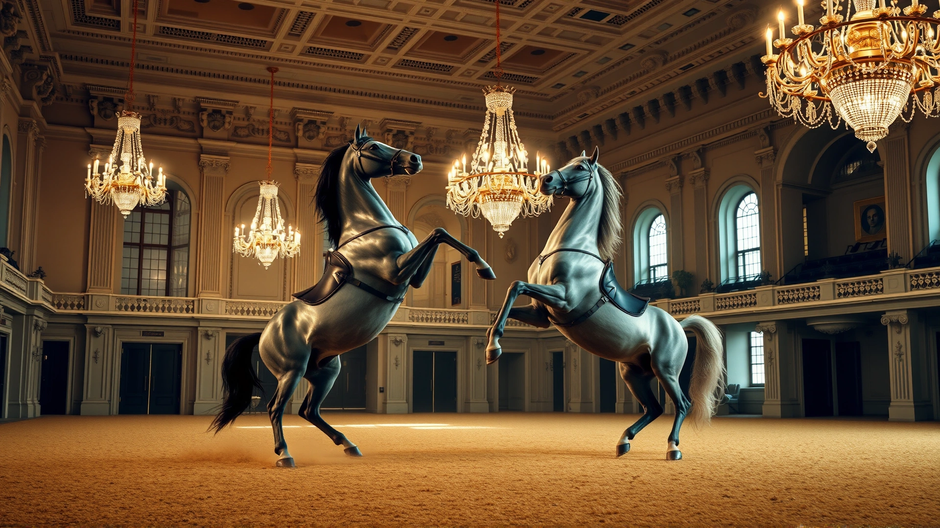 Interior shot of the Spanish Riding School in Vienna with two Lipizzan stallions executing synchronized piaffe movements under elegant chandeliers