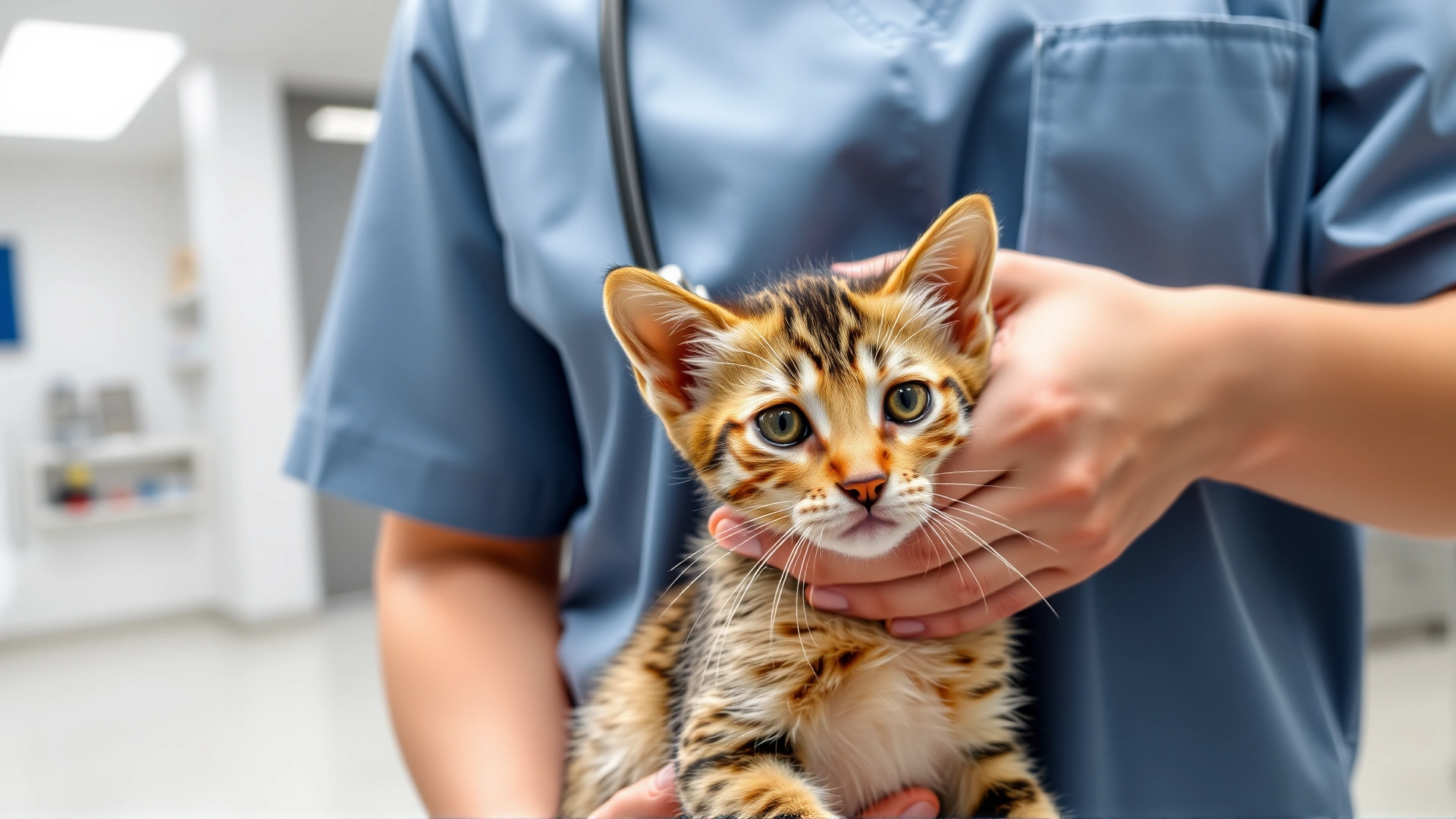 Veterinarian in scrubs gently holding a young domestic short-haired cat in a modern clinic, conveying responsible pet care and spay/neuter message, high resolution photograph