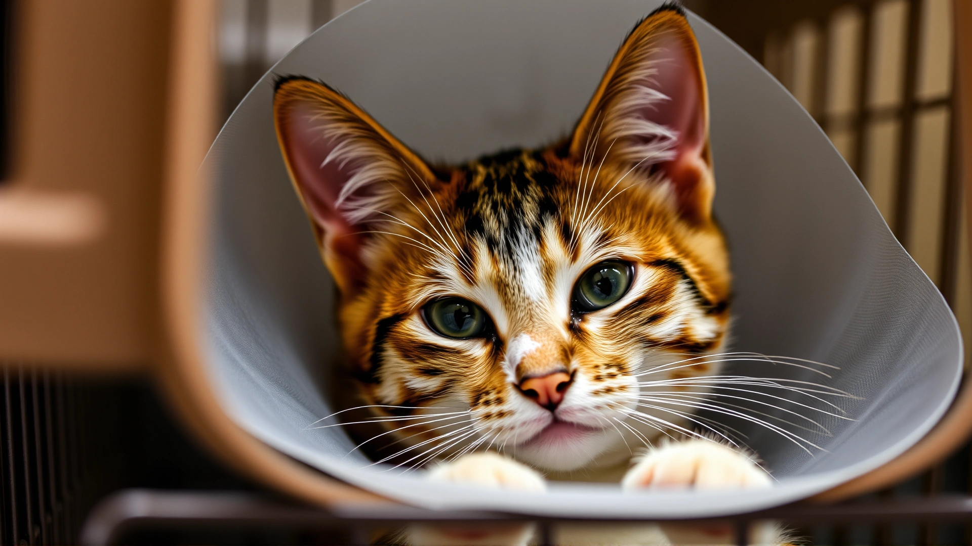 Close-up of a cat wearing a cone collar resting in a carrier after spay/neuter surgery, caring environment