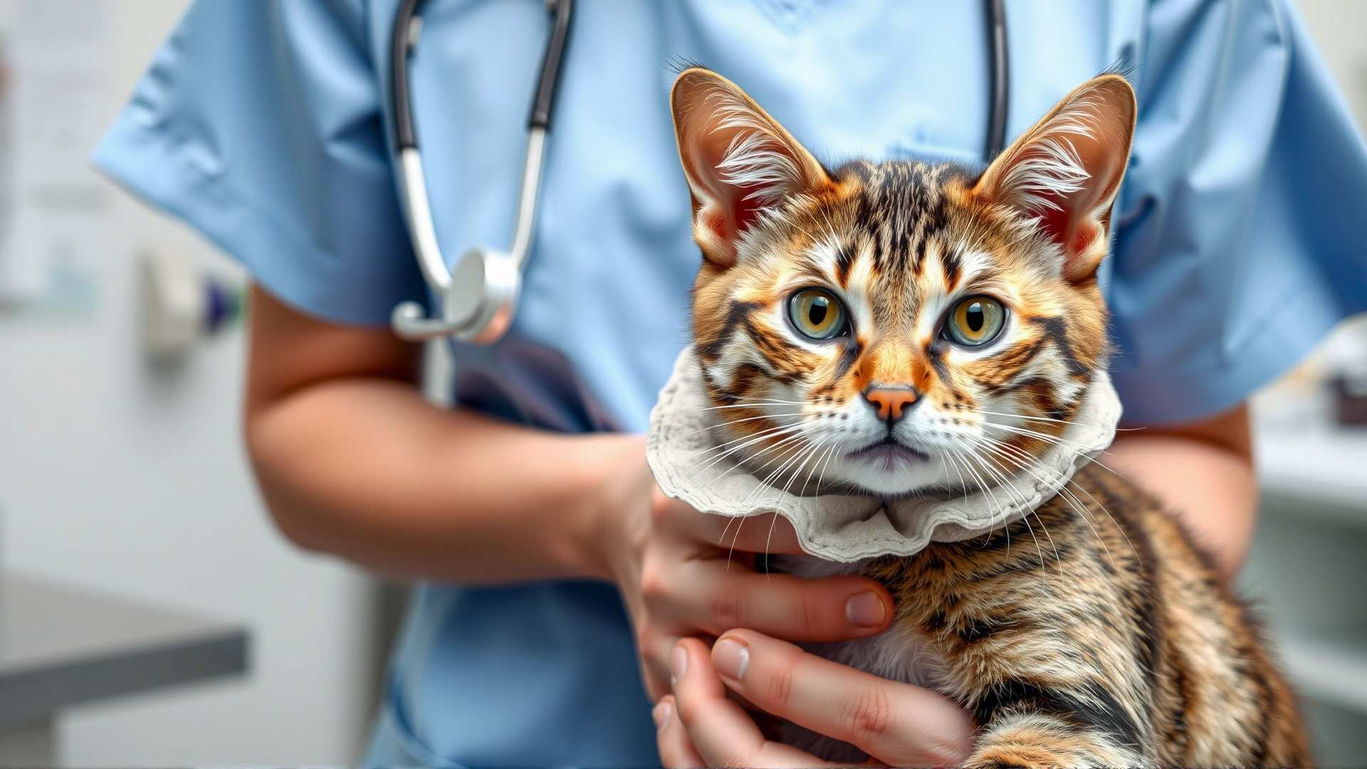Veterinarian gently holding a barn cat after spay surgery, cat wearing a soft recovery collar, clinic background blurred