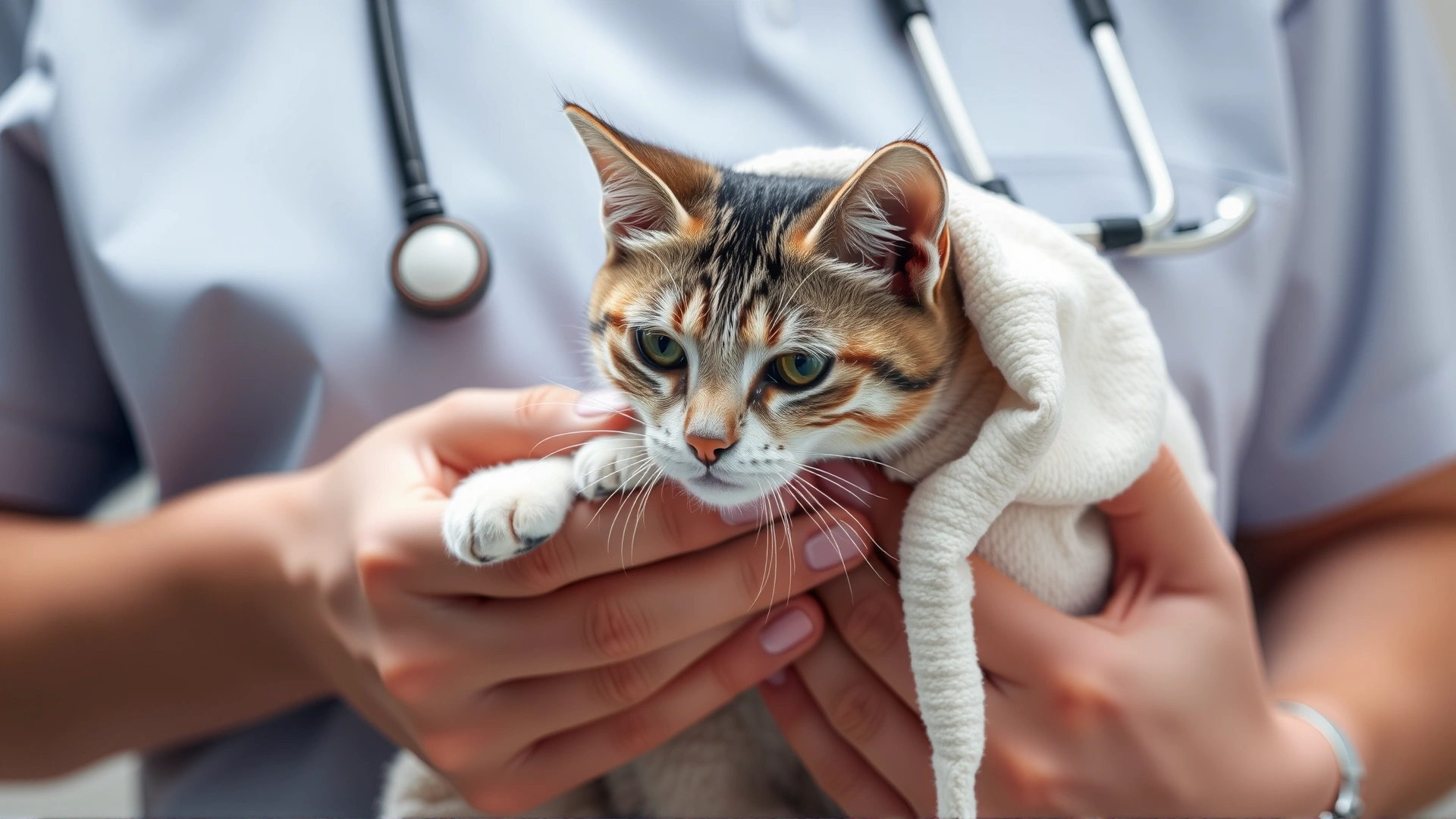 Veterinarian gently holding a recovering cat wrapped in a soft blanket after spay/neuter surgery.