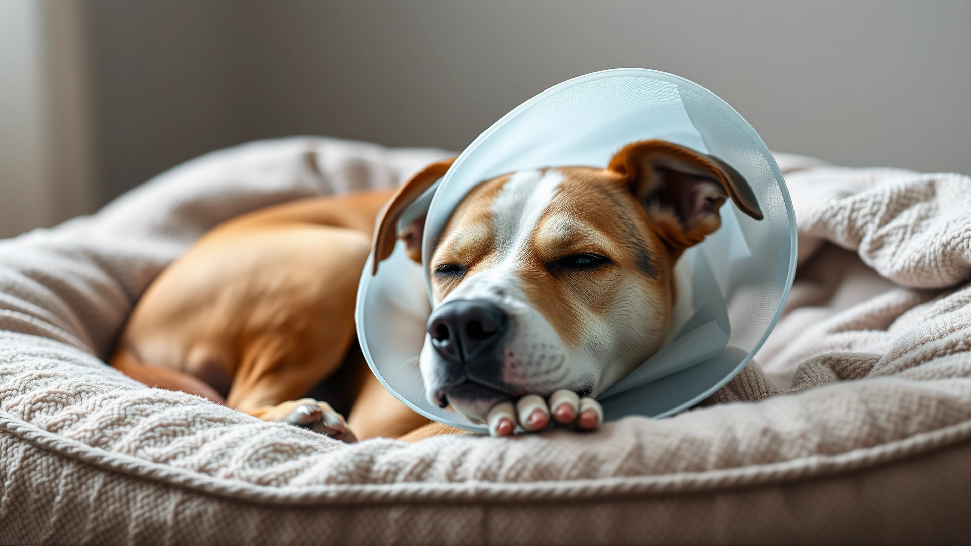 A recovering dog wearing a soft post-surgery cone resting peacefully in a cozy bed.