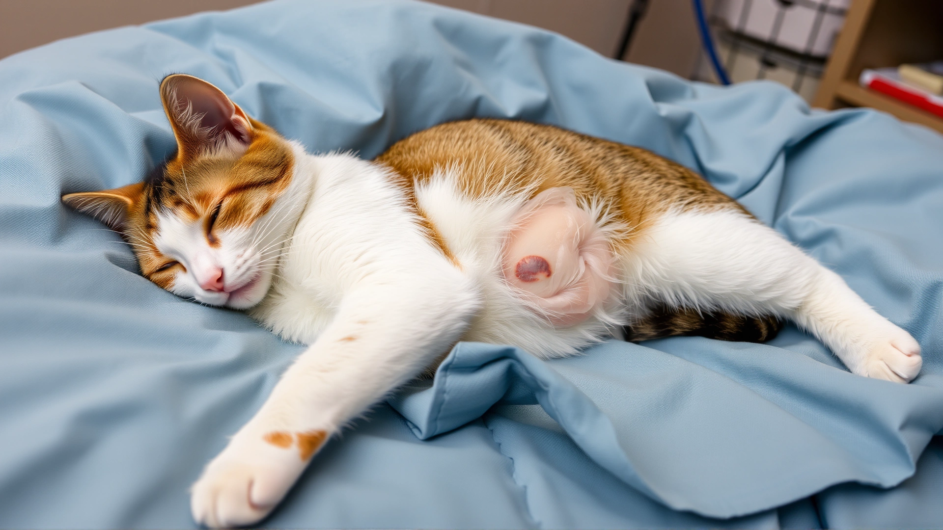 Post-surgery scene of a spayed cat resting comfortably with a small shaved abdominal patch and a soft blanket, home recovery setting.