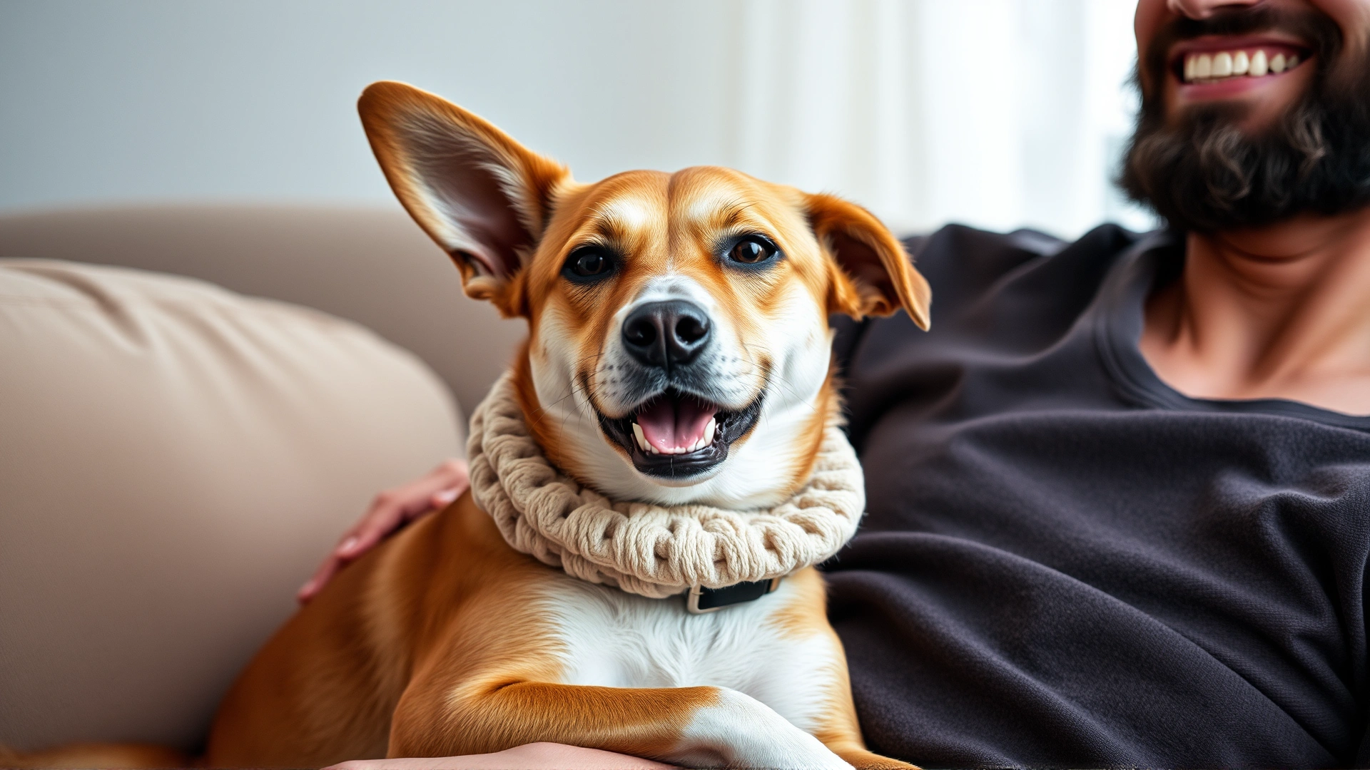 Content spayed female dog wearing a soft recovery collar, relaxing on a couch next to her smiling owner