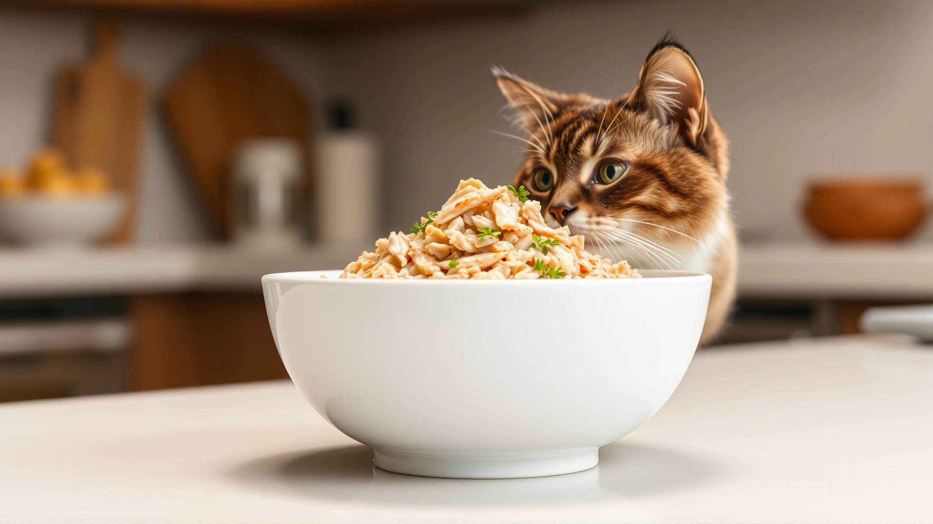 Bowl of high-protein, low-fat wet cat food garnished with shredded chicken and rice on a clean kitchen counter