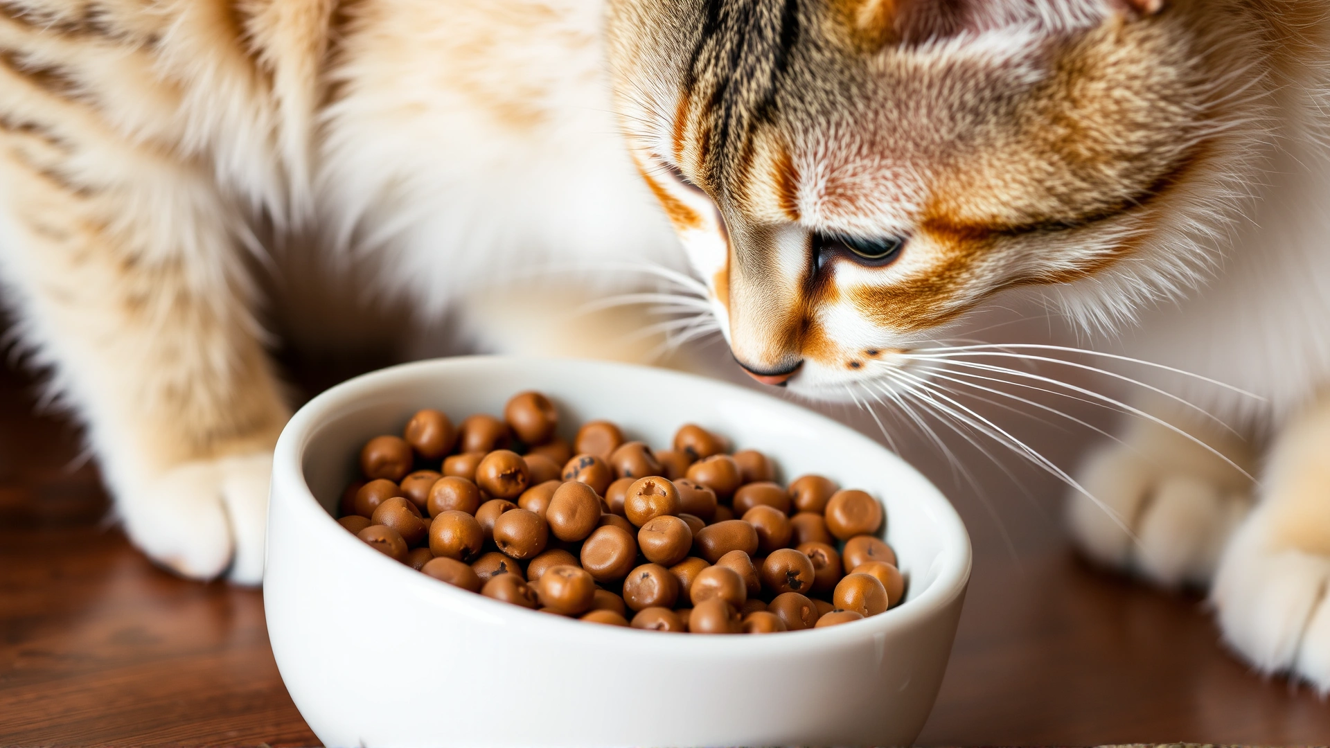 Close-up of a ceramic bowl filled with prescription hydrolyzed cat food pellets, next to a curious cat sniffing it