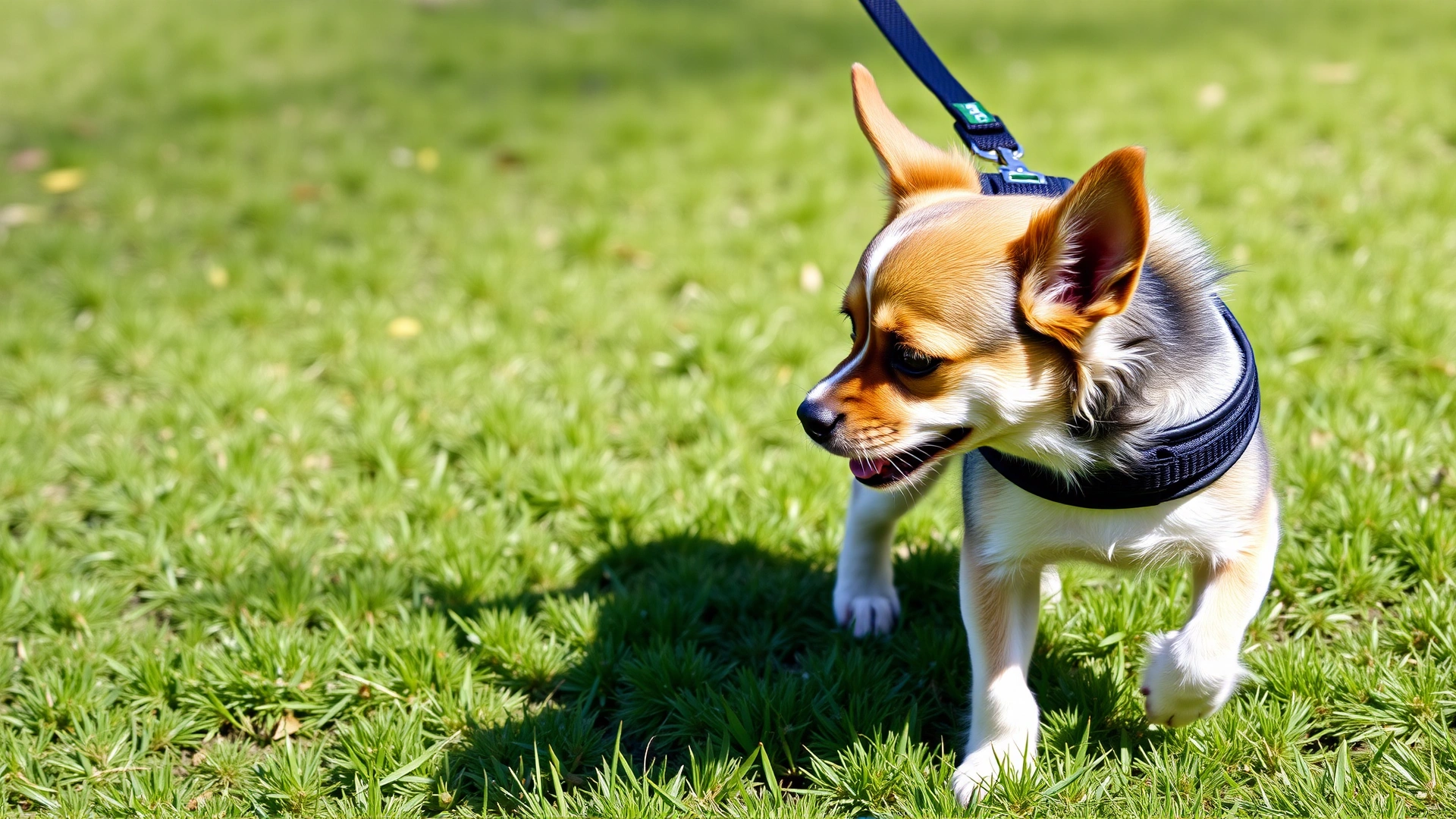 Small dog with short limbs using a supportive harness while walking on green grass under sunny weather