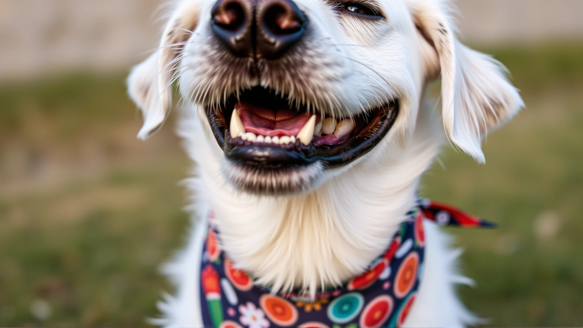 Close-up of a smiling deaf white dog with heterochromia wearing a colorful bandana outdoors
