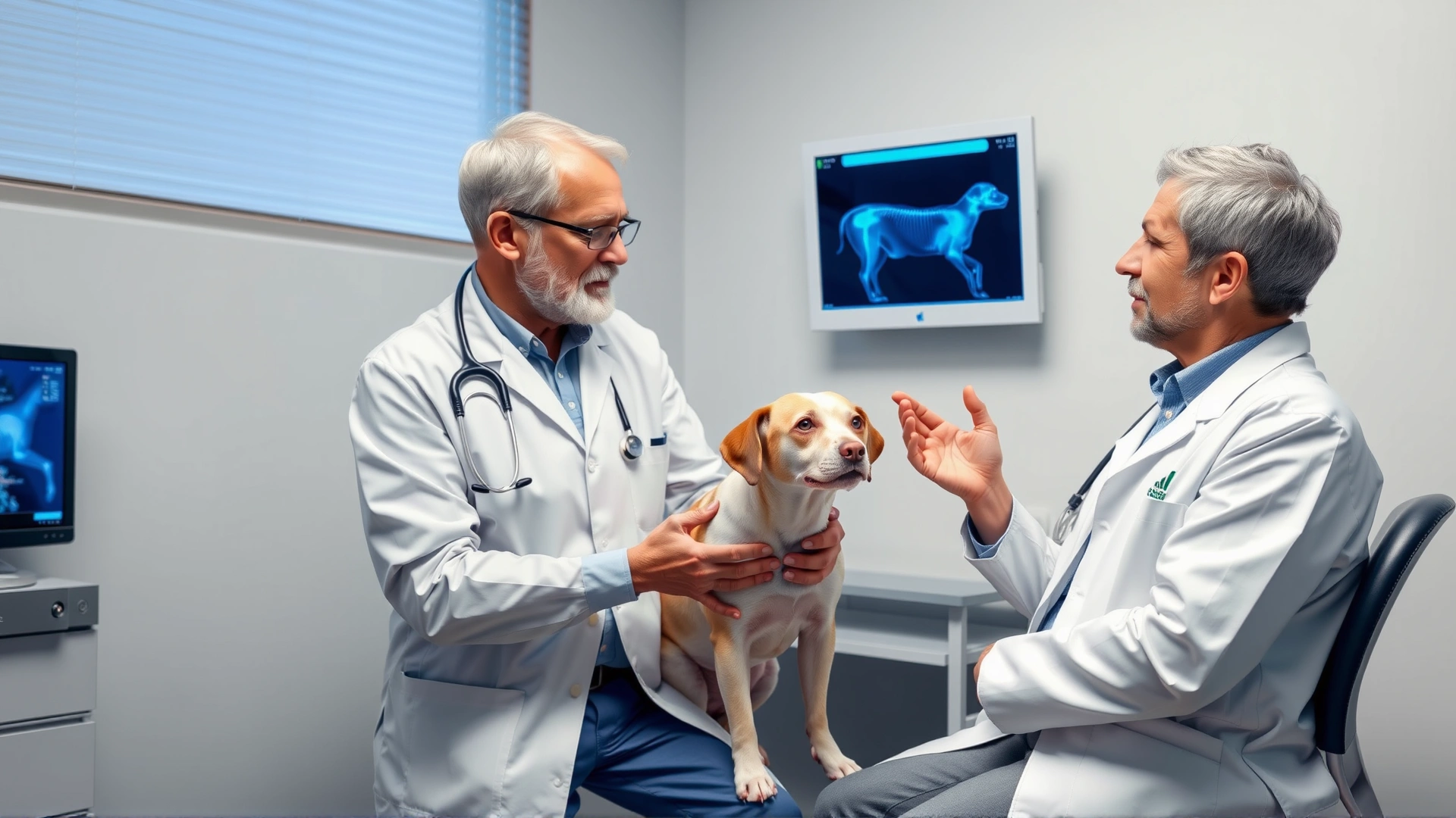 Veterinarian consulting with a visiting orthopedic specialist while examining a dog's x-ray on a screen.