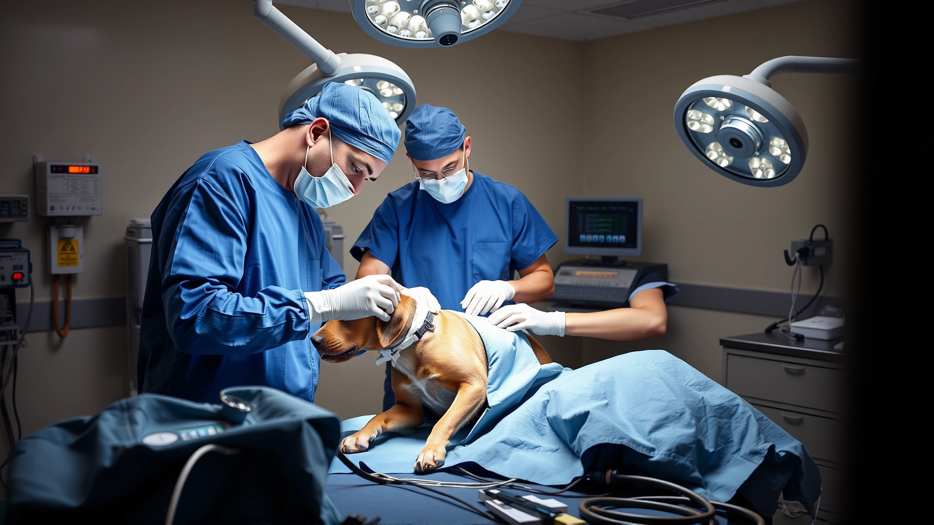 A board-certified veterinary surgeon in scrubs performing an orthopedic procedure on a dog in a sterile operating theater, team assisting, high-detail.