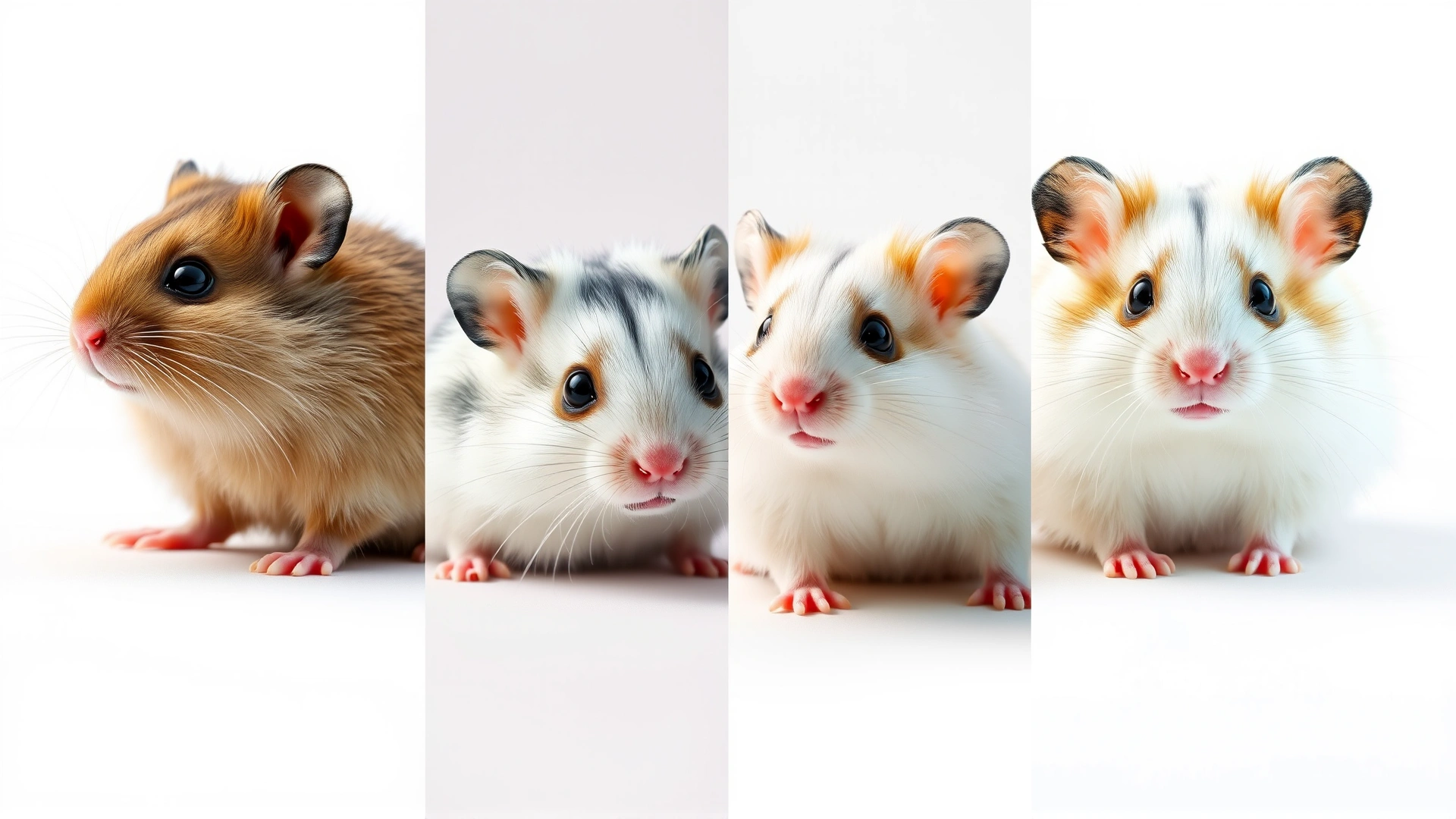 Side-by-side collage of the four dwarf hamster species (Roborovski, Campbell’s, Winter White, Chinese) on a plain white background, no text