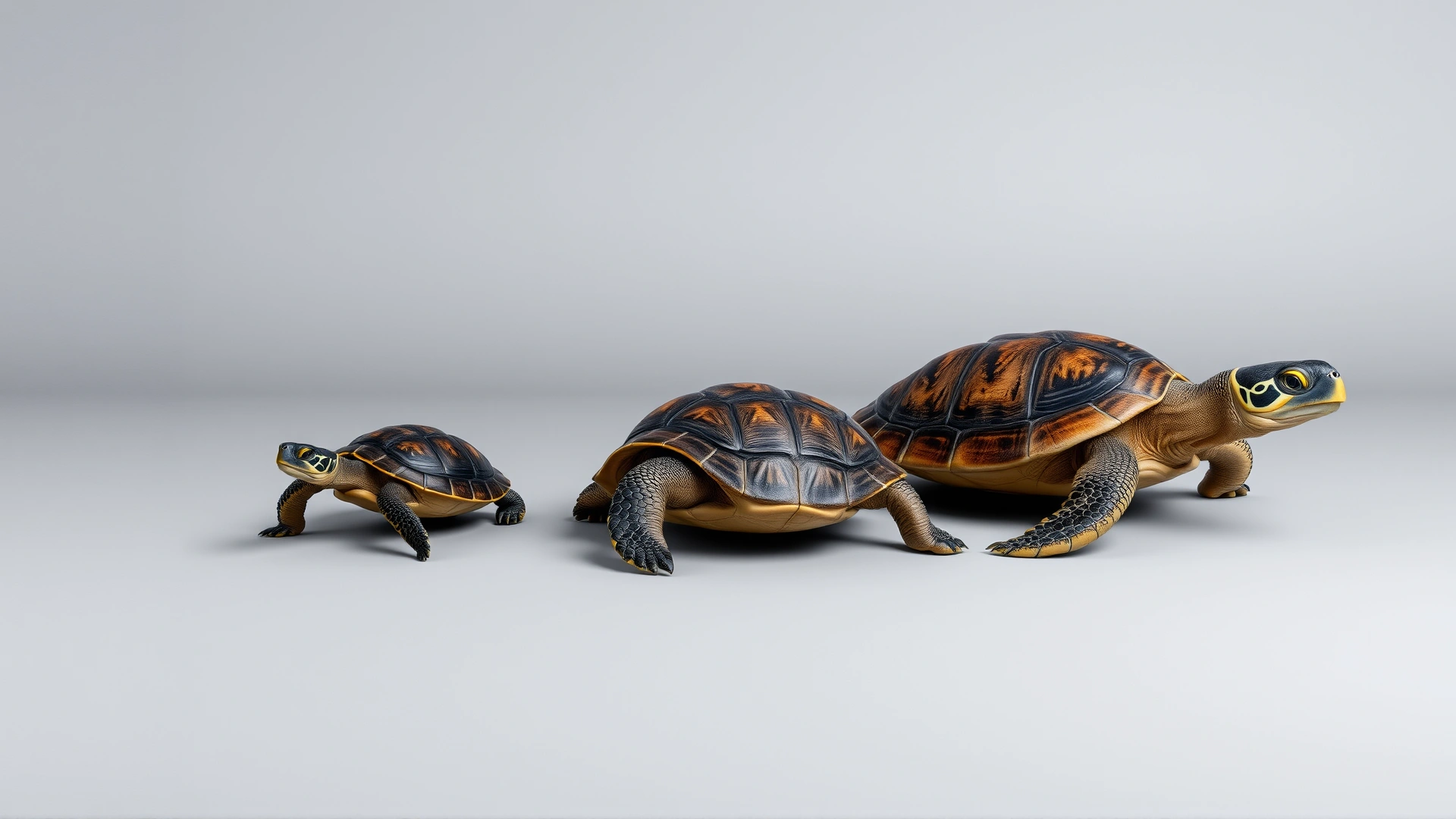 Side-by-side studio photograph of three turtles of different sizes arranged on a neutral gray background: a small freshwater turtle, a medium land tortoise, and a large sea turtle, captured in soft diffused light; no text or labels on the image.