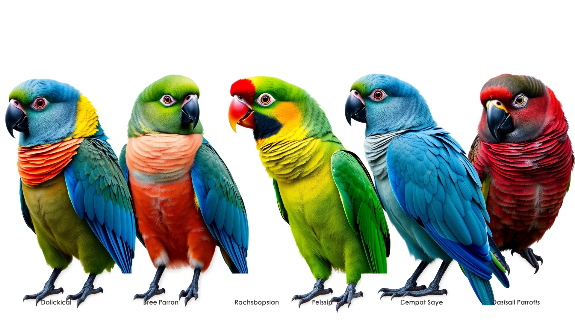 Collage-style image showing six different parrot species side by side against a white background, each labeled subtly with its common name.