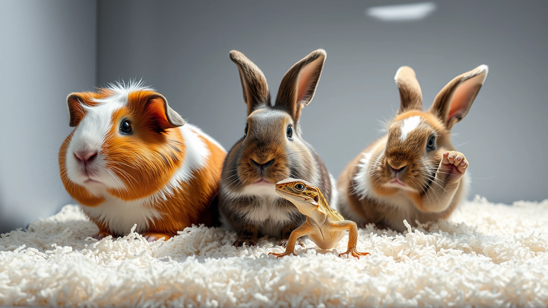 Collage-style photo showing a guinea pig, a rabbit, and a small lizard sitting next to each other on clean bedding, bright studio lighting