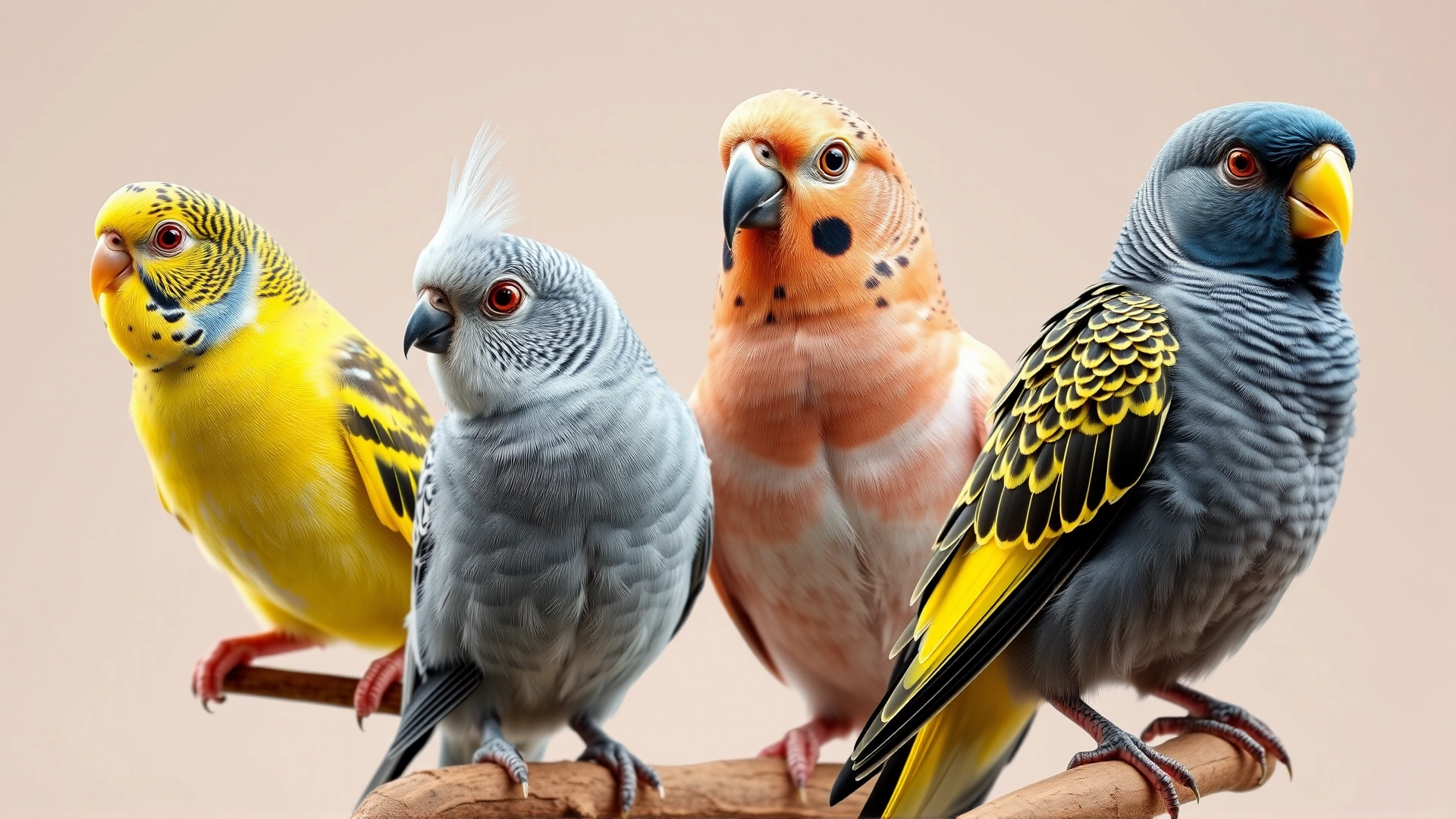 Composite image showing four different pet bird species—budgie, cockatiel, African grey, and canary—each perched on a neutral background.