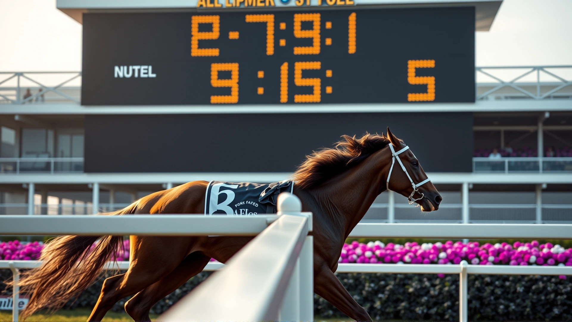 Historic-looking image of a racehorse crossing the finish line with digital timer display in background, symbolizing speed record