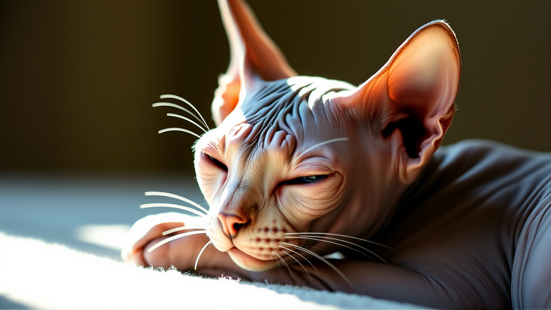 Hairless Sphynx cat basking under warm light, emphasizing its unique skin texture, high-resolution photo