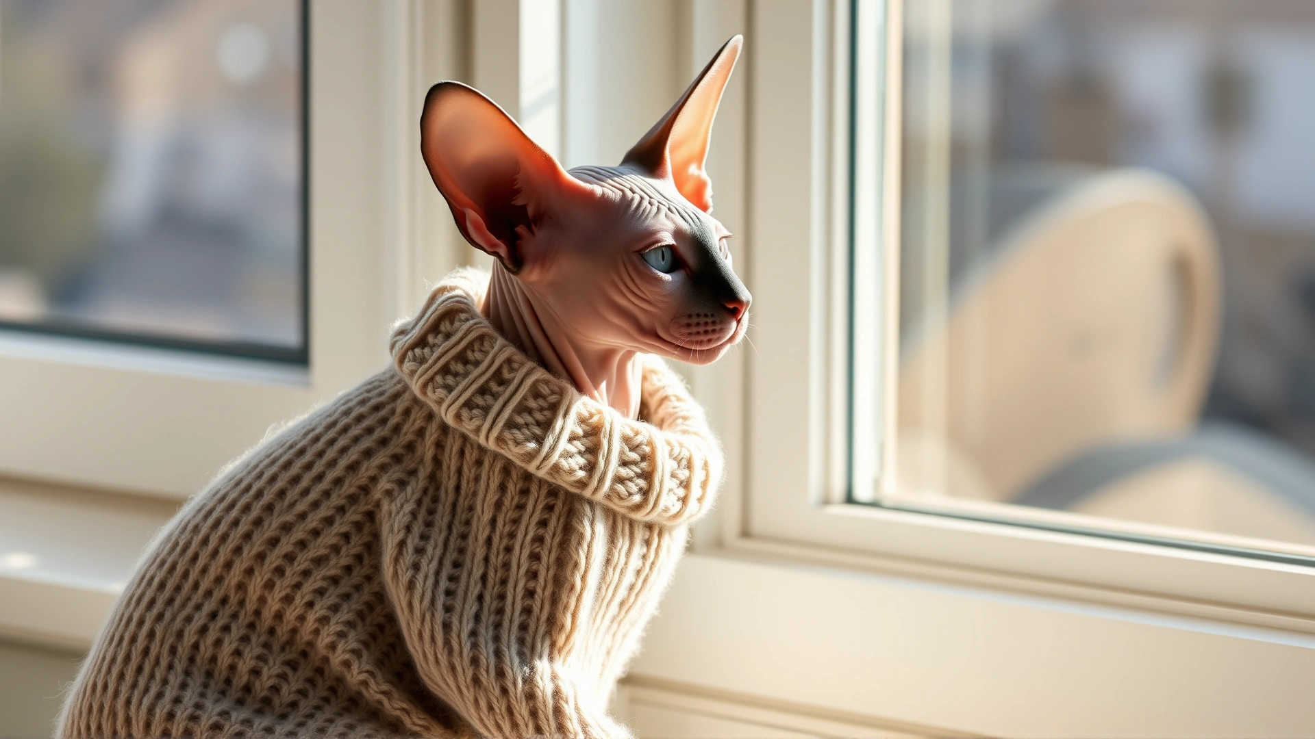 Hairless Sphynx cat wearing a soft knitted sweater, sitting on a windowsill with warm afternoon light.
