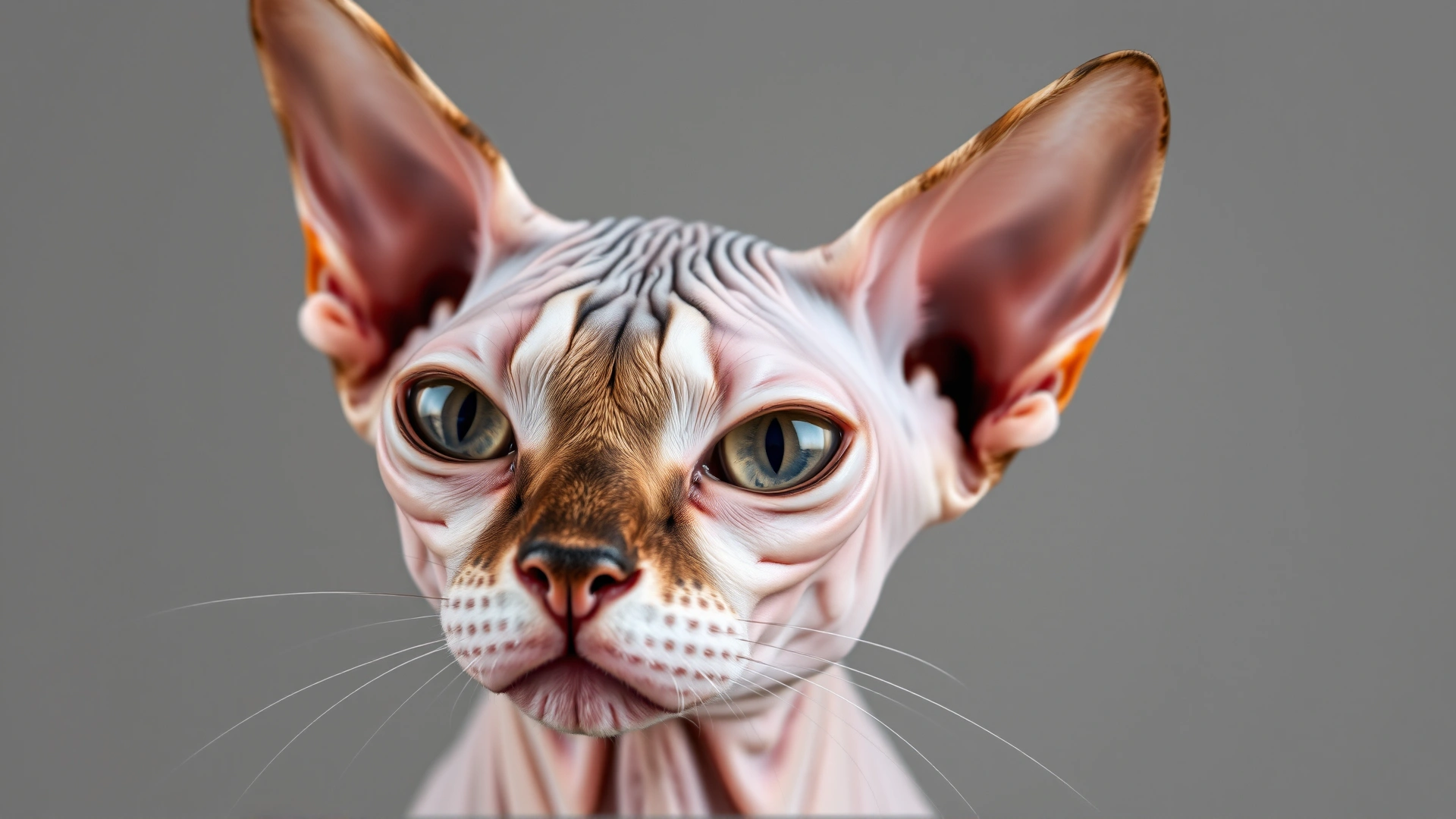 Close-up portrait of a Sphynx cat showing its wrinkled skin, large ears, and vibrant eyes against a neutral backdrop