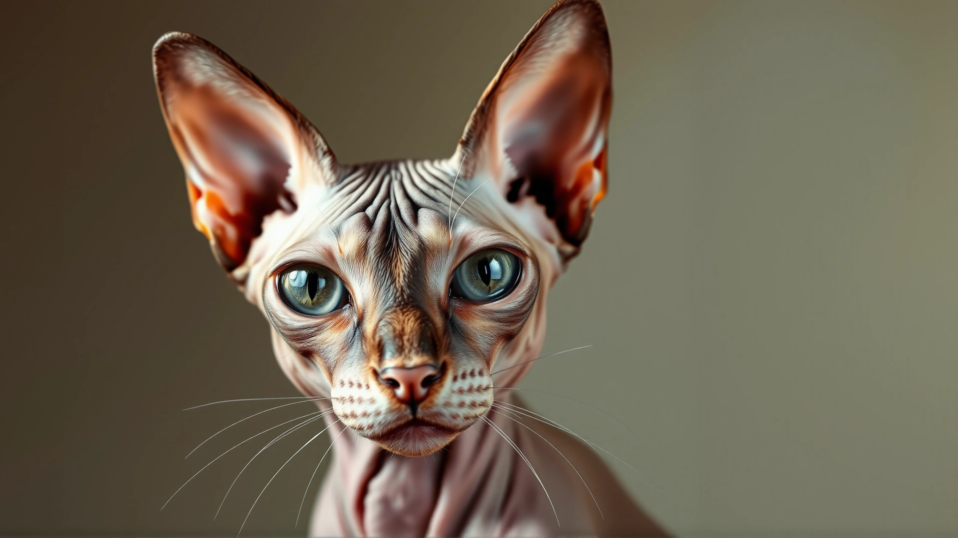 Portrait of a hairless sphynx cat looking at the camera, warm studio lighting