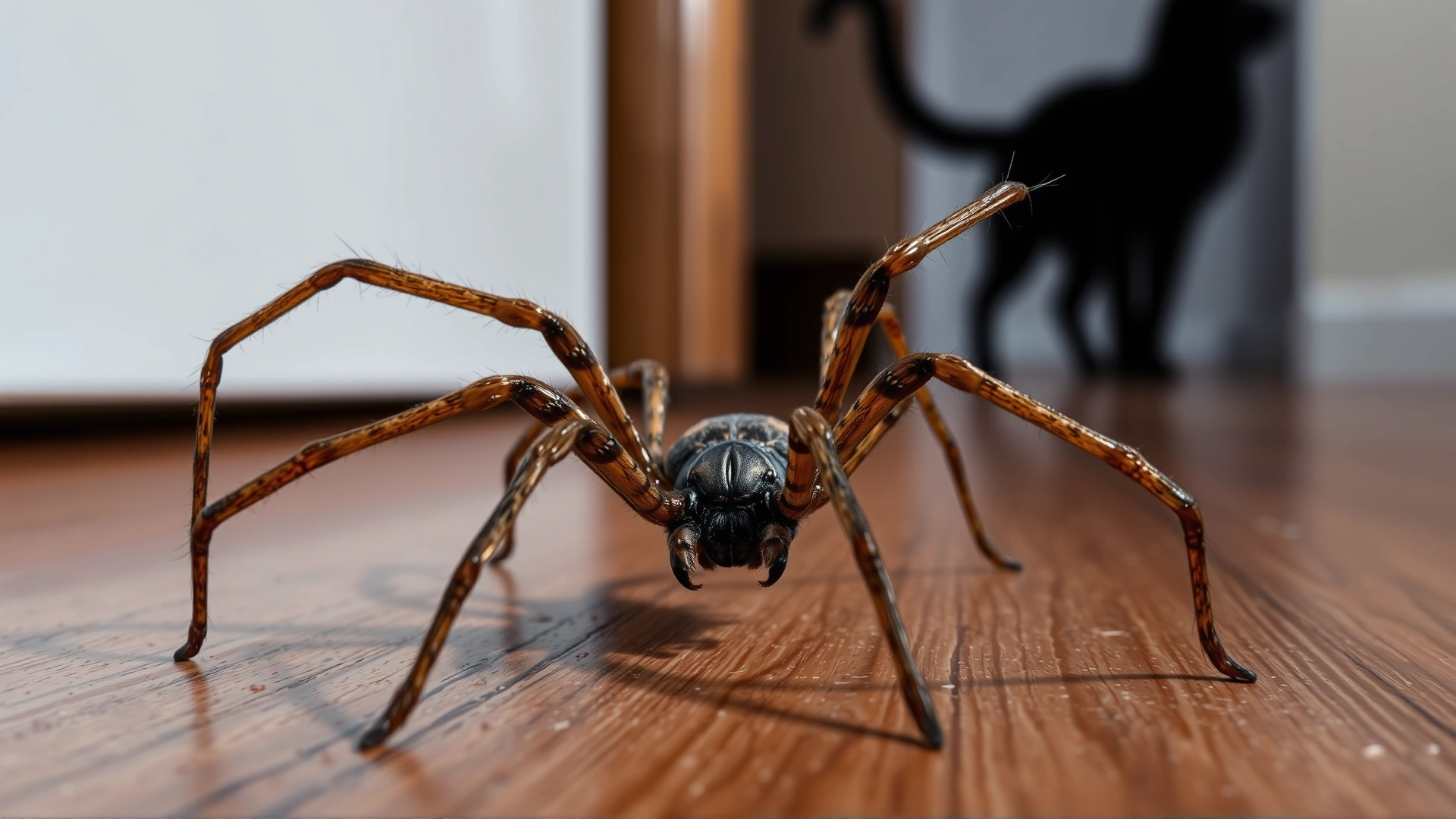 Dramatic close-up of a brown recluse spider on a wooden floor with a blurred cat silhouette in the background.