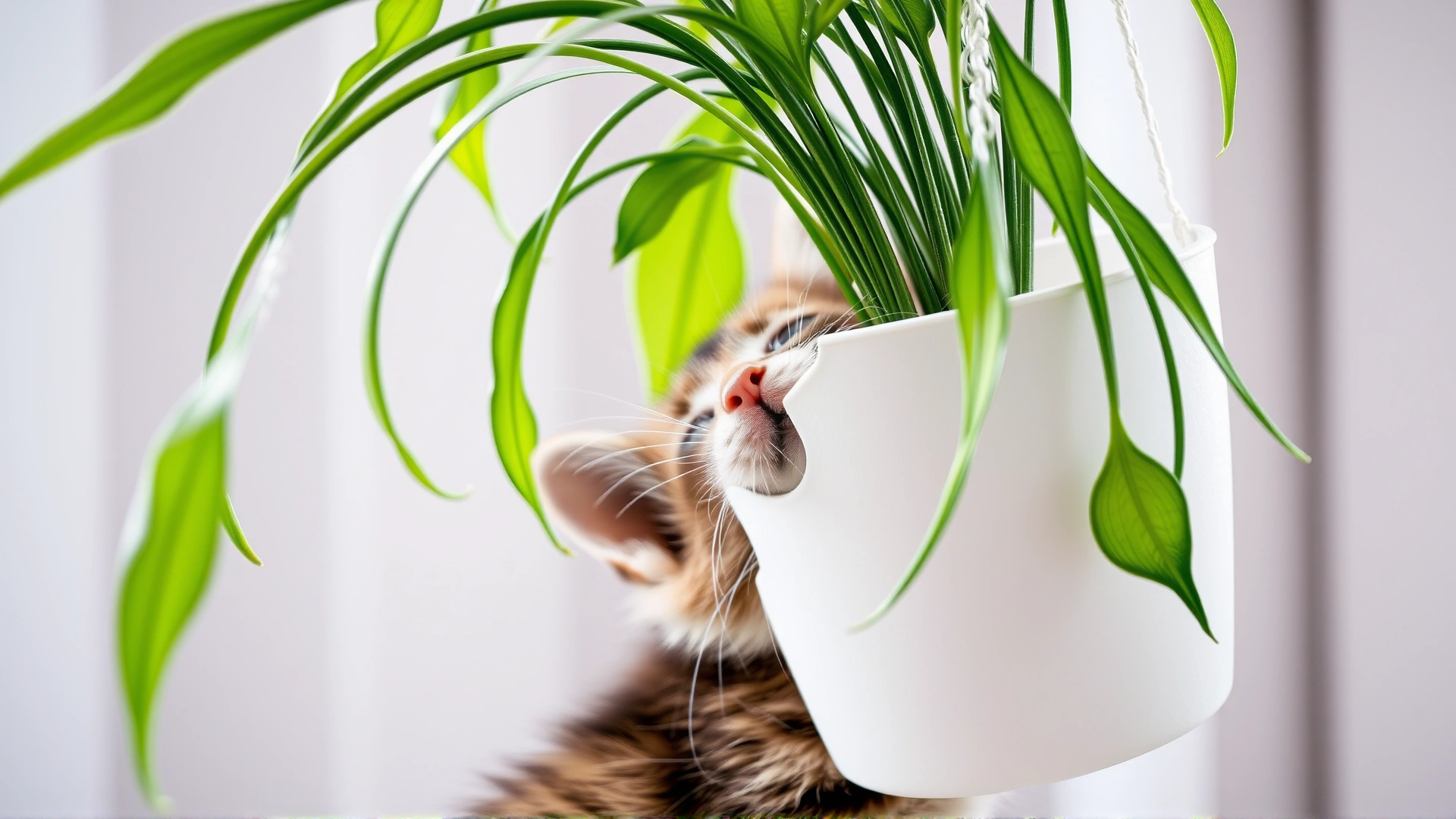 Playful kitten sniffing the arching leaves of a spider plant hanging in a white pot.