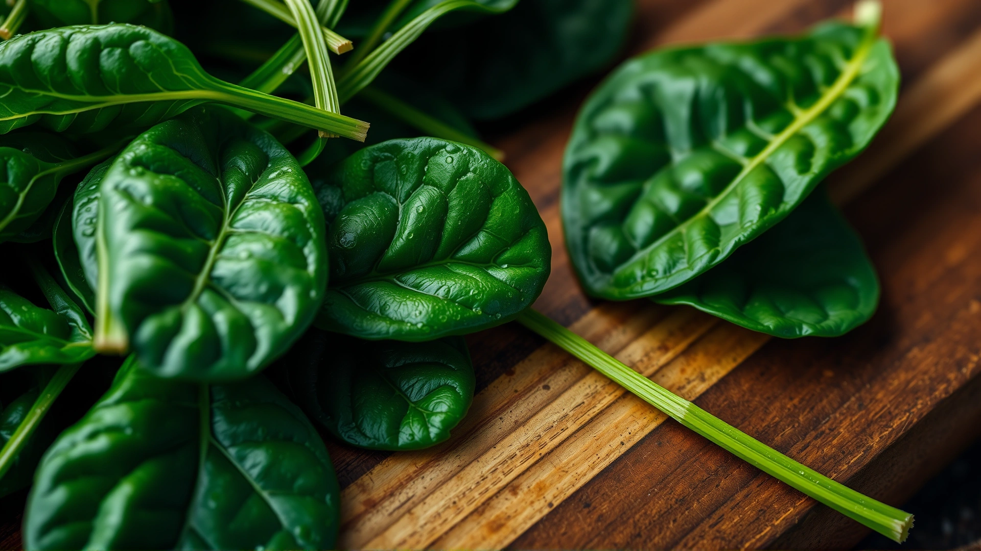 Macro shot of fresh spinach leaves on a rustic wooden cutting board, dewy and vibrant green