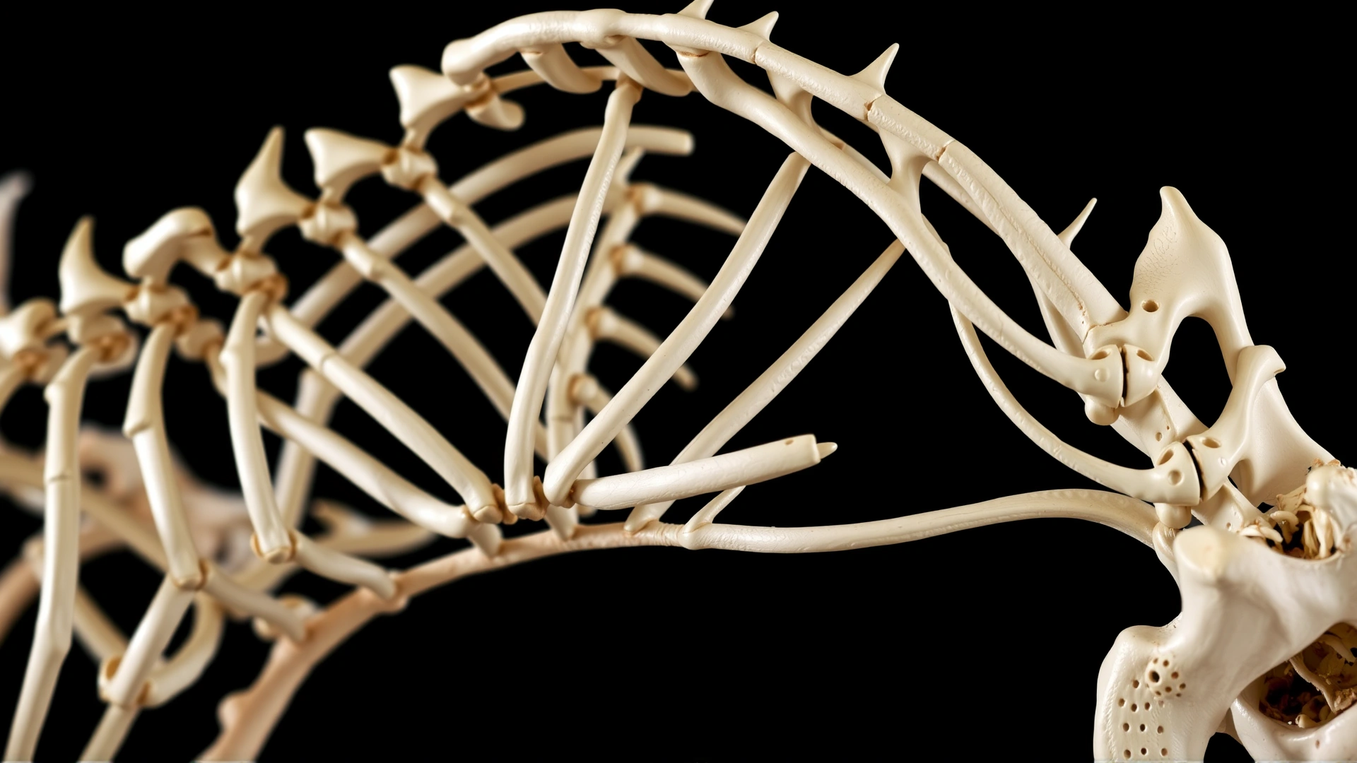 Close-up photograph of the cervical and thoracic vertebrae of a horse skeleton displayed on a black backdrop, emphasizing bone structure, no text