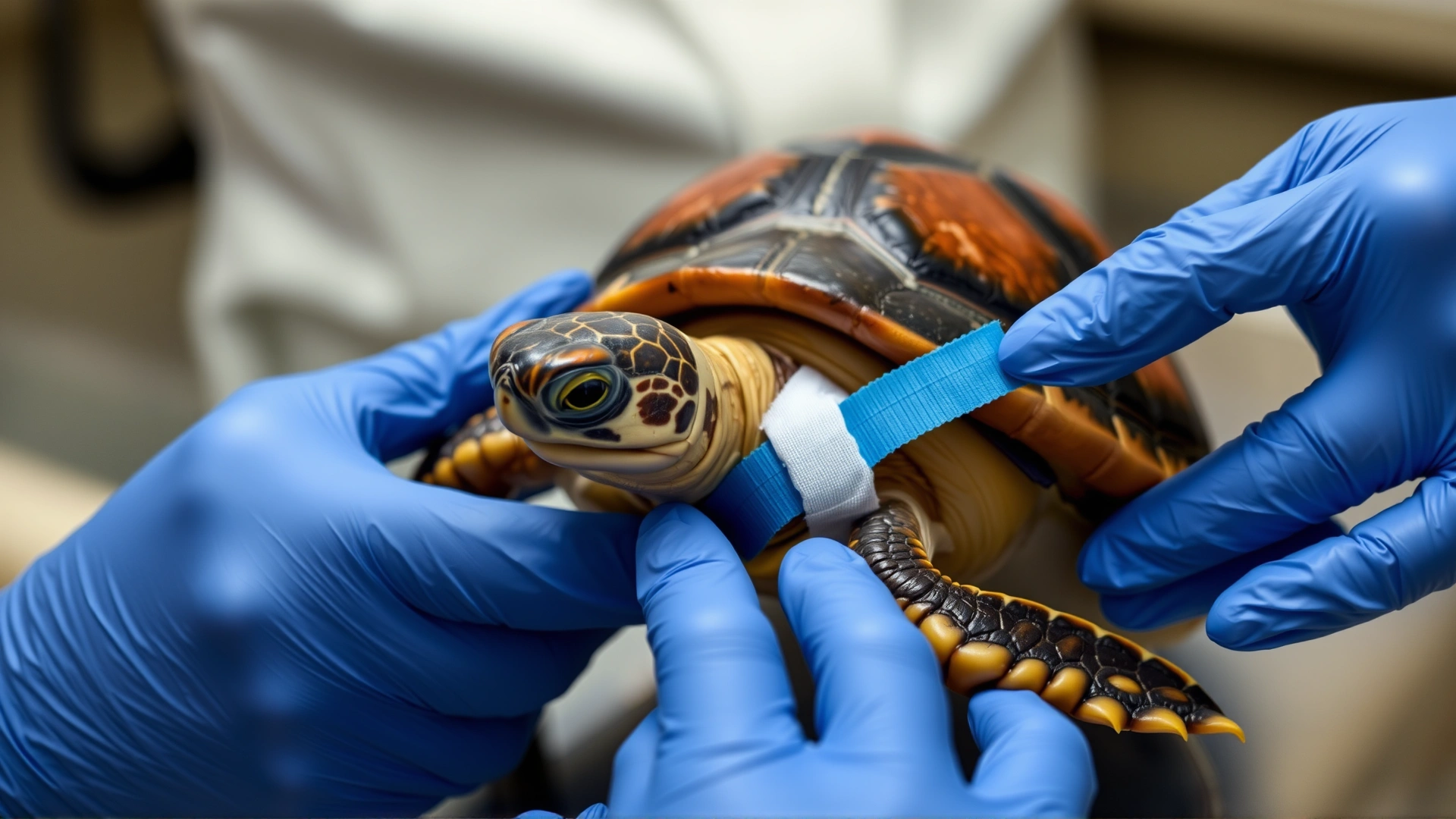 Close-up of a veterinarian applying a small splint and bandage to a turtle's front leg, hands with latex gloves visible