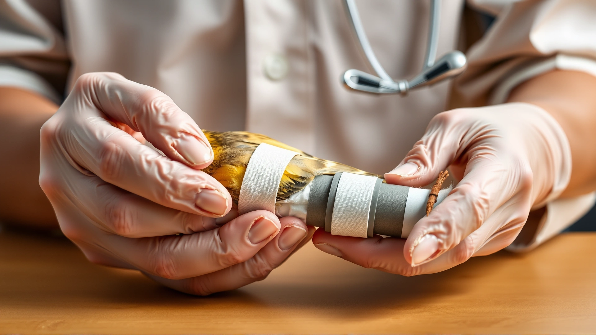 Veterinarian’s hands applying a lightweight splint to a canary’s leg using medical tape and cotton padding.