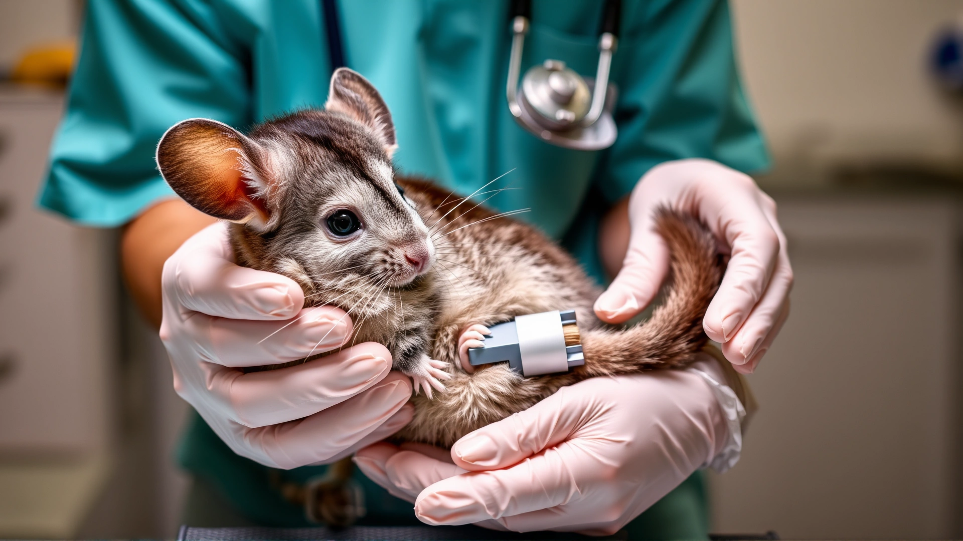 Vet in clinic carefully applying a small splint to a chinchilla's hind leg, hands gloved and equipment sterile.