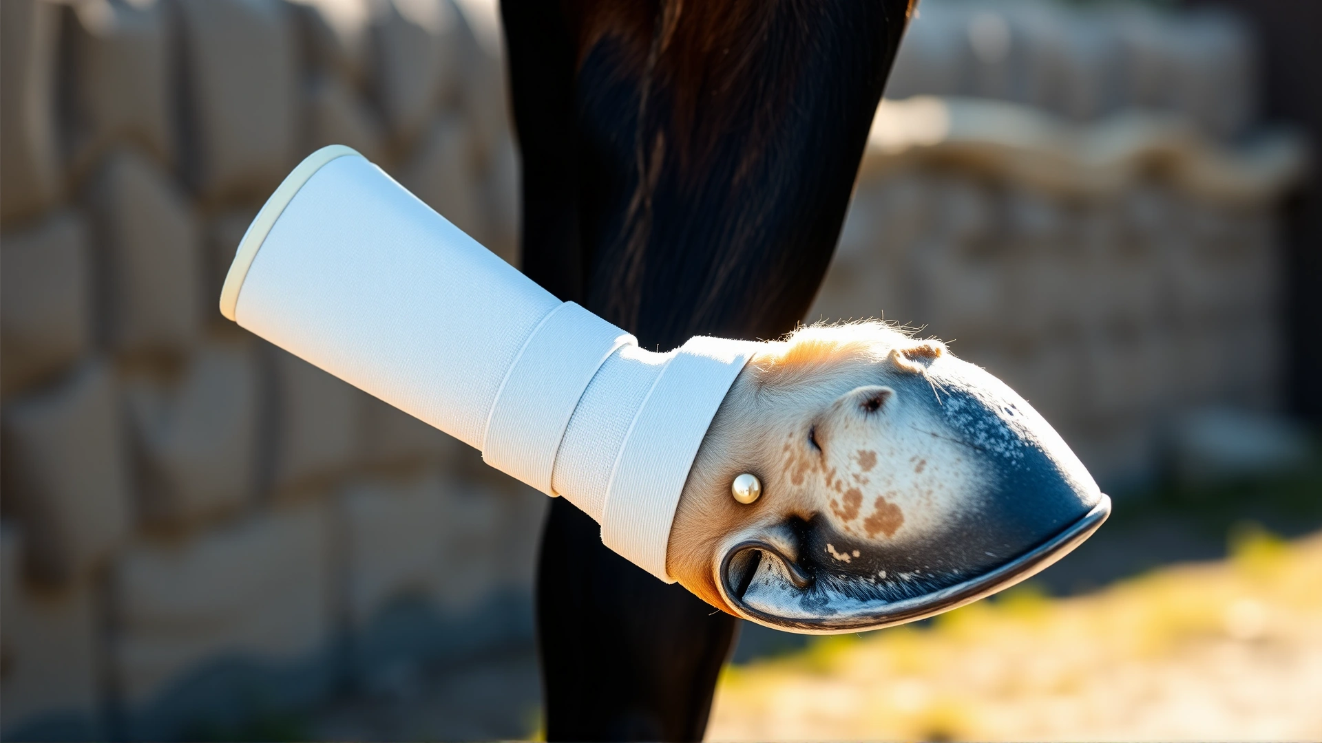 Horse forelimb wrapped with a supportive fiberglass splint and cohesive bandage, stable aisle in soft daylight.