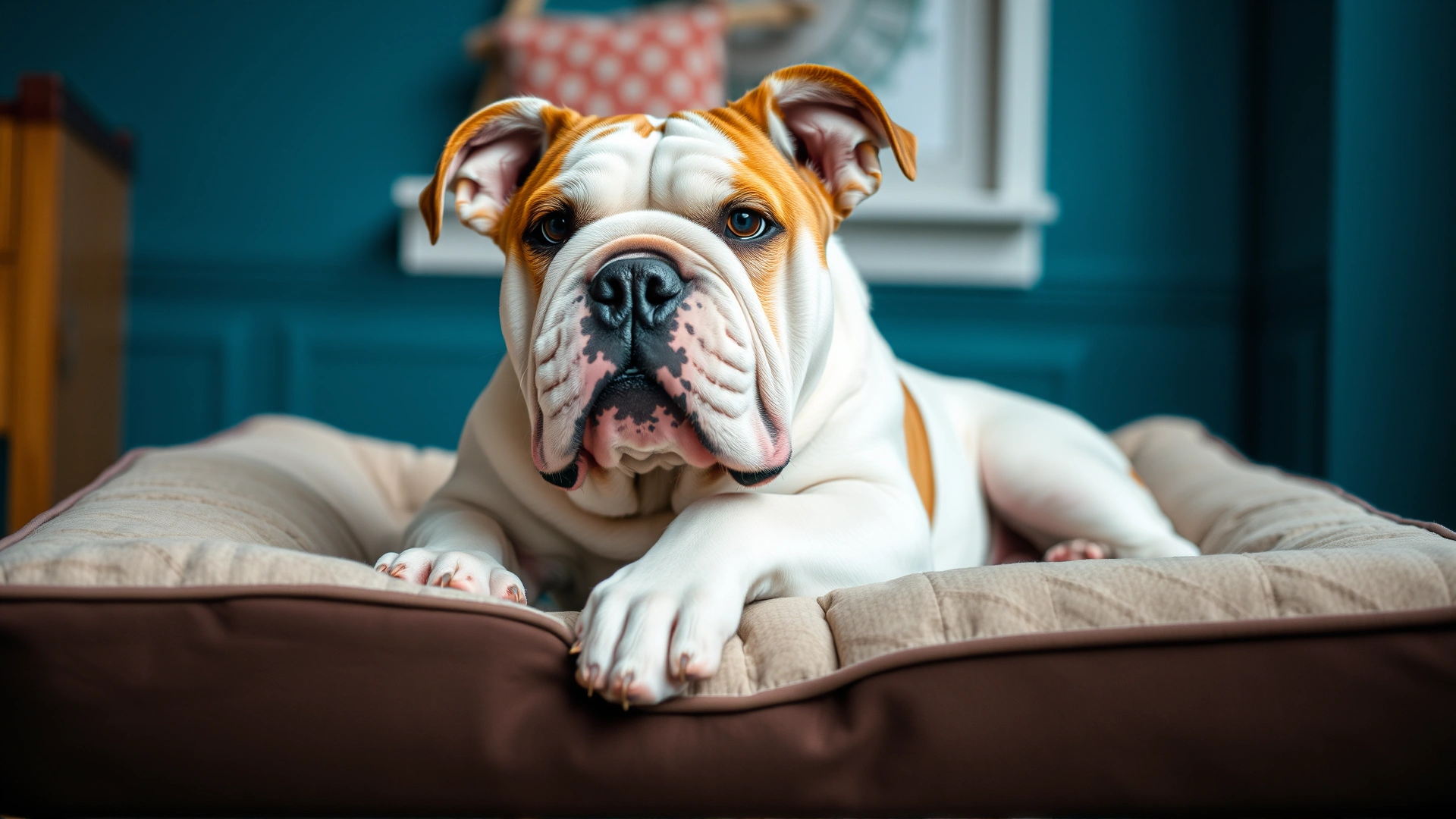 Adult Bulldog resting comfortably on an orthopedic dog bed.