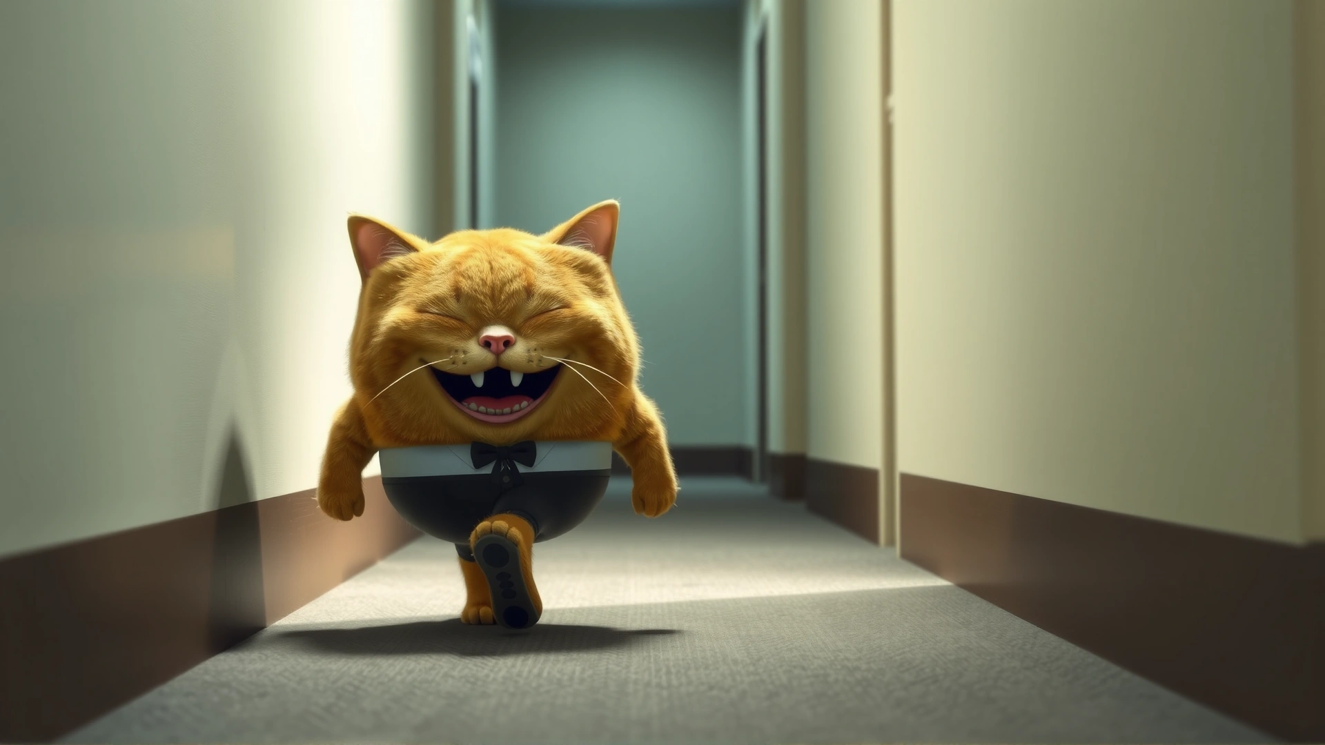 An overweight orange tabby cat (Sponge Bob) attempting to walk down a hallway, shot from the side to showcase the weight loss journey.