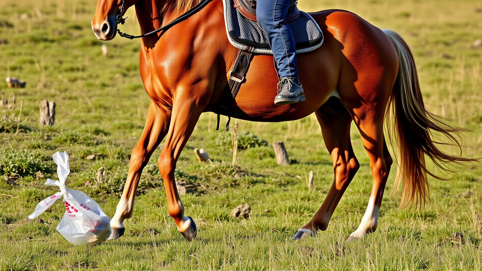 Trail horse shying away from a fluttering plastic bag on the ground, rider maintaining calm posture.