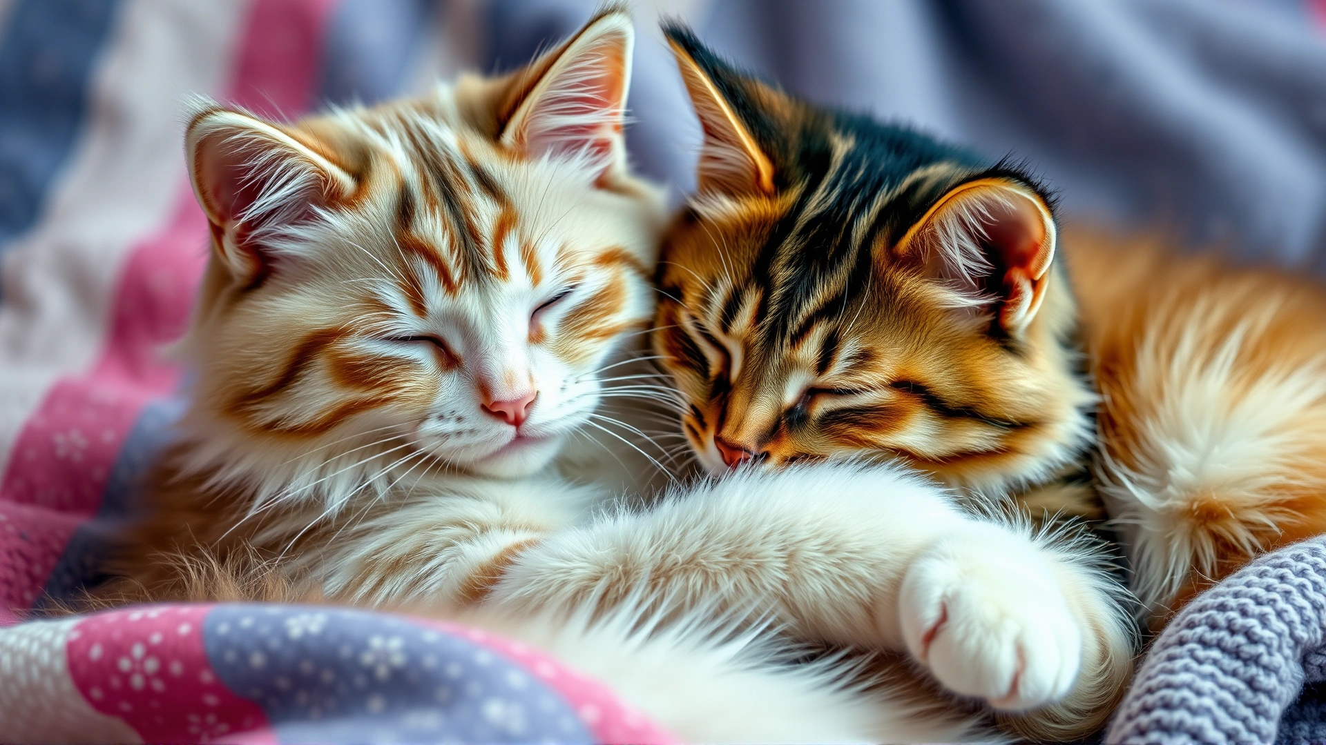 Two cats cuddled together in a spooning position on a blanket, conveying warmth and bonding.