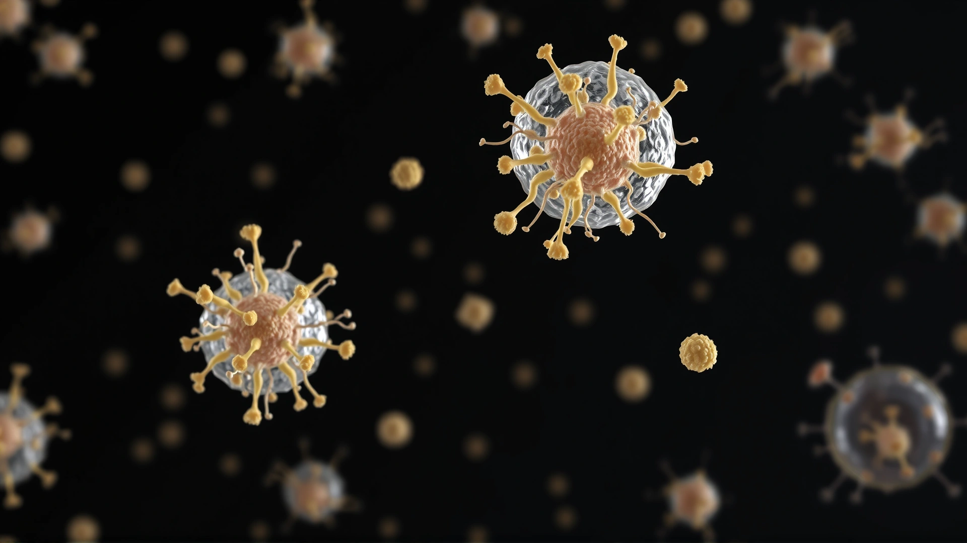 Highly detailed 3D render of Bacillus anthracis spores floating against a dark background, illustrating their microscopic appearance. No text.