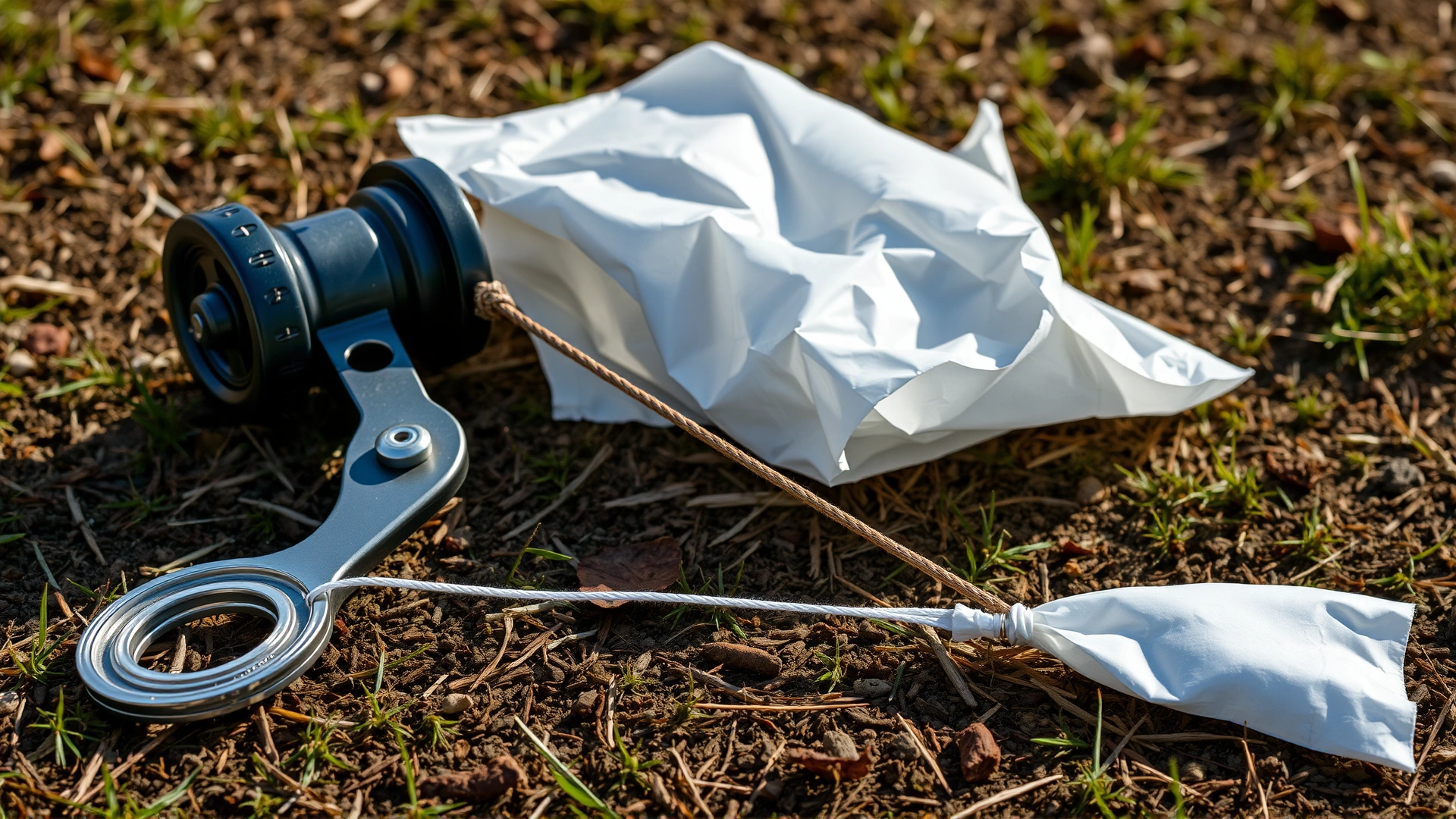 Lure coursing equipment laid out on the ground: lure machine, pulley line, and white plastic bag lure, captured in natural light.