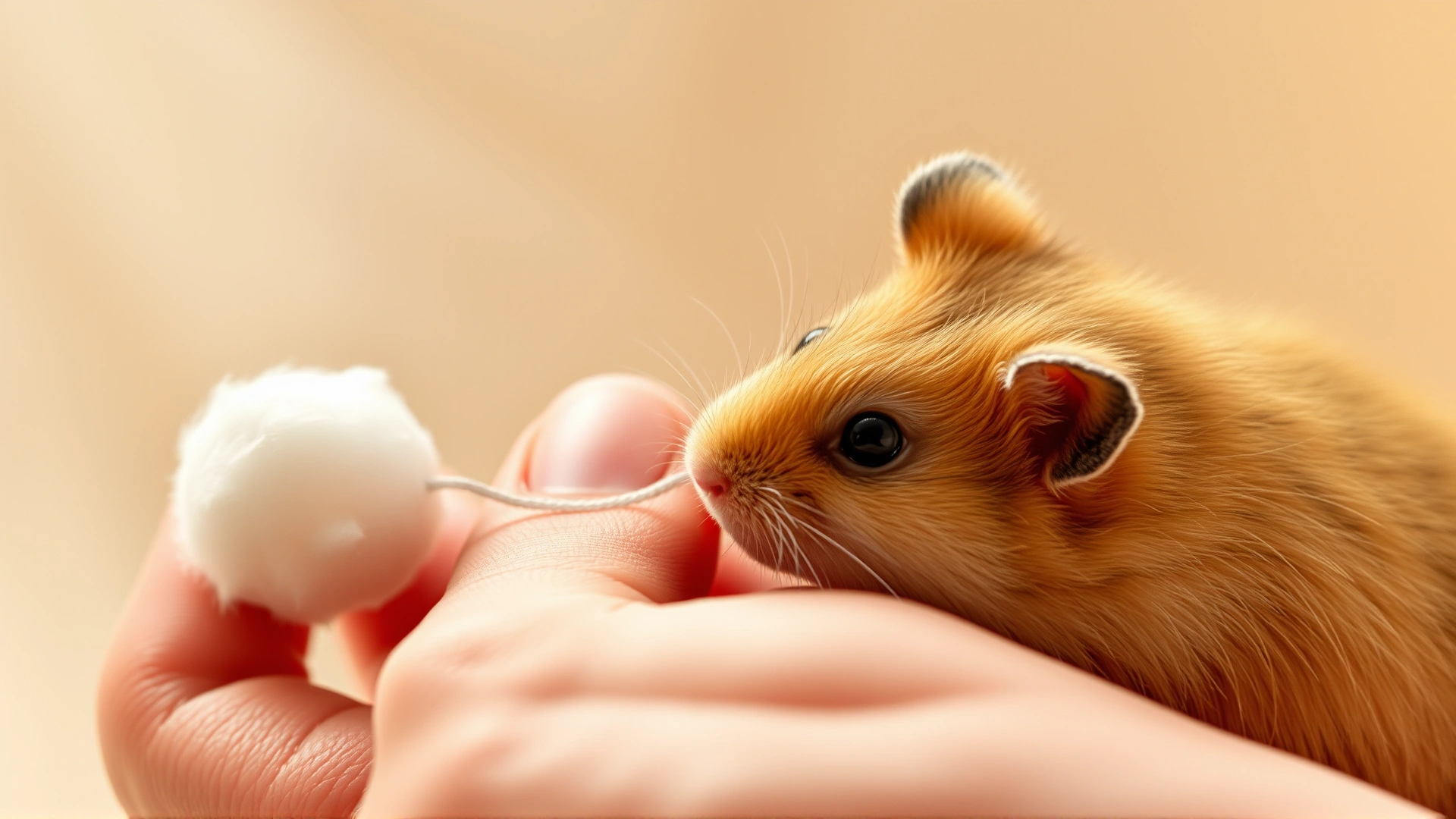 Close detail shot of a gentle human hand holding a cotton ball near a hamster’s side, demonstrating spot cleaning, warm neutral lighting.